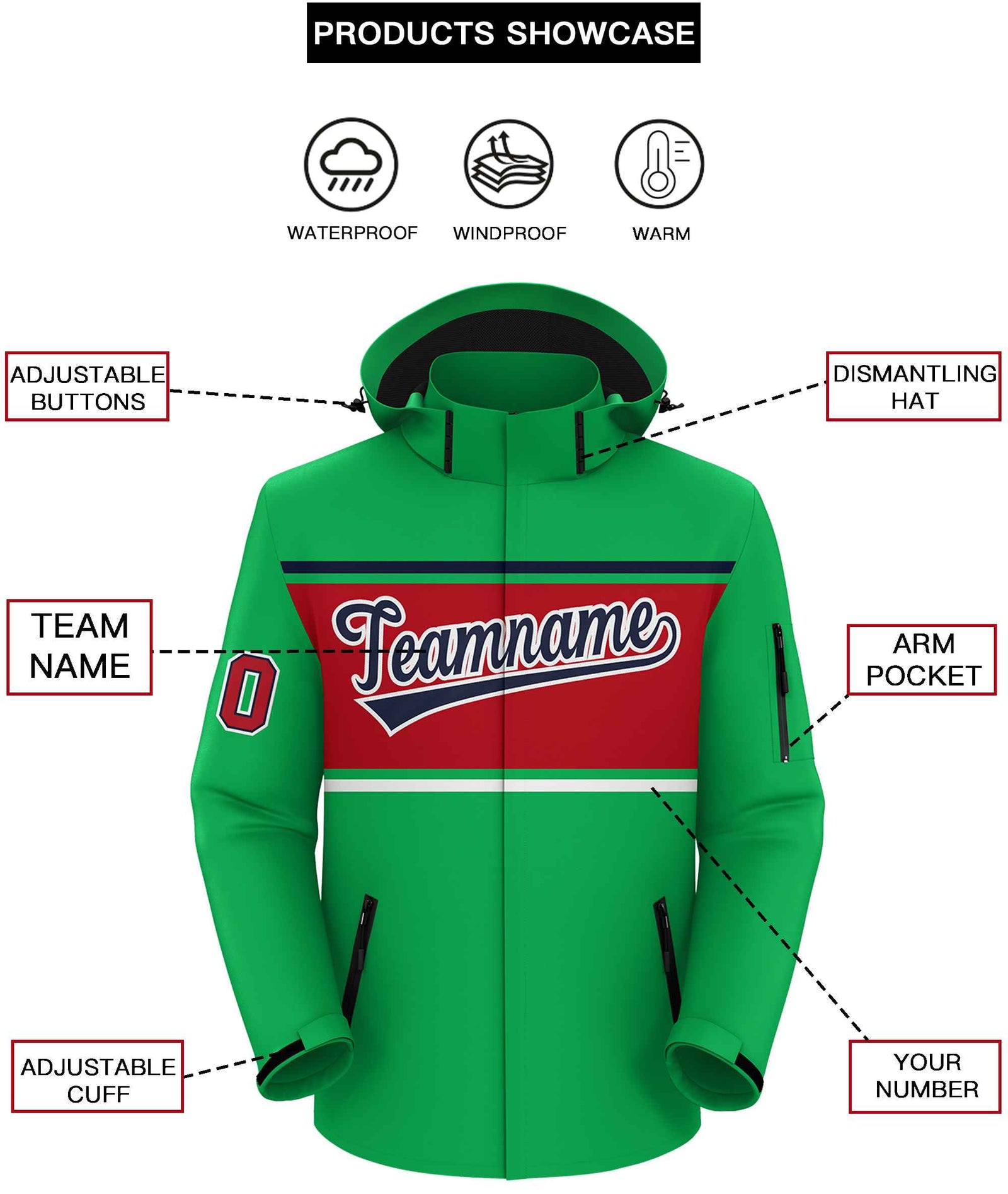 Custom Kelly Green Navy-Red Color Block Personalized Outdoor Hooded Waterproof Jacket