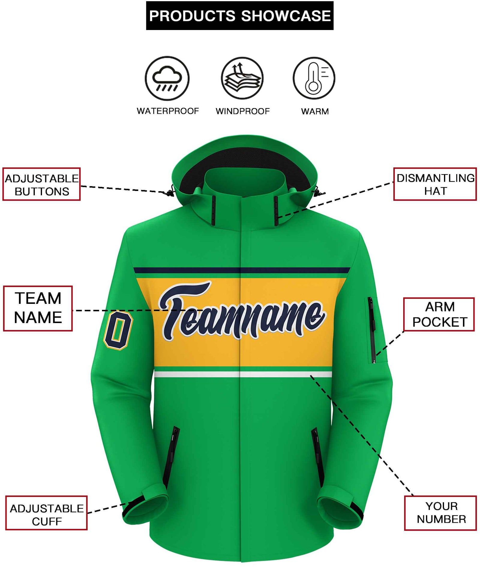 Custom Kelly Green Navy-Gold Color Block Personalized Outdoor Hooded Waterproof Jacket