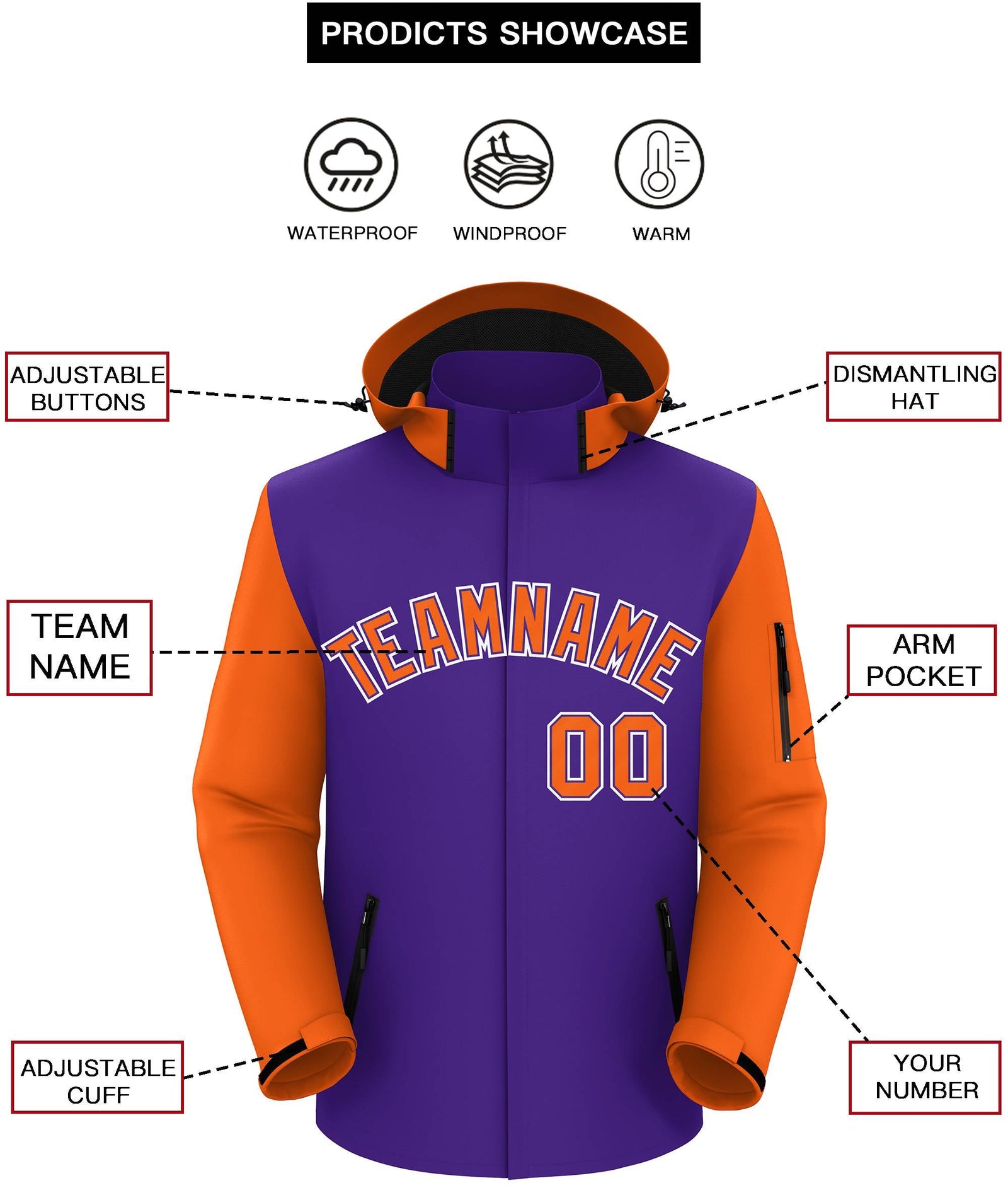 Custom Purple Orange-White Raglan Sleeves Waterproof Jacket