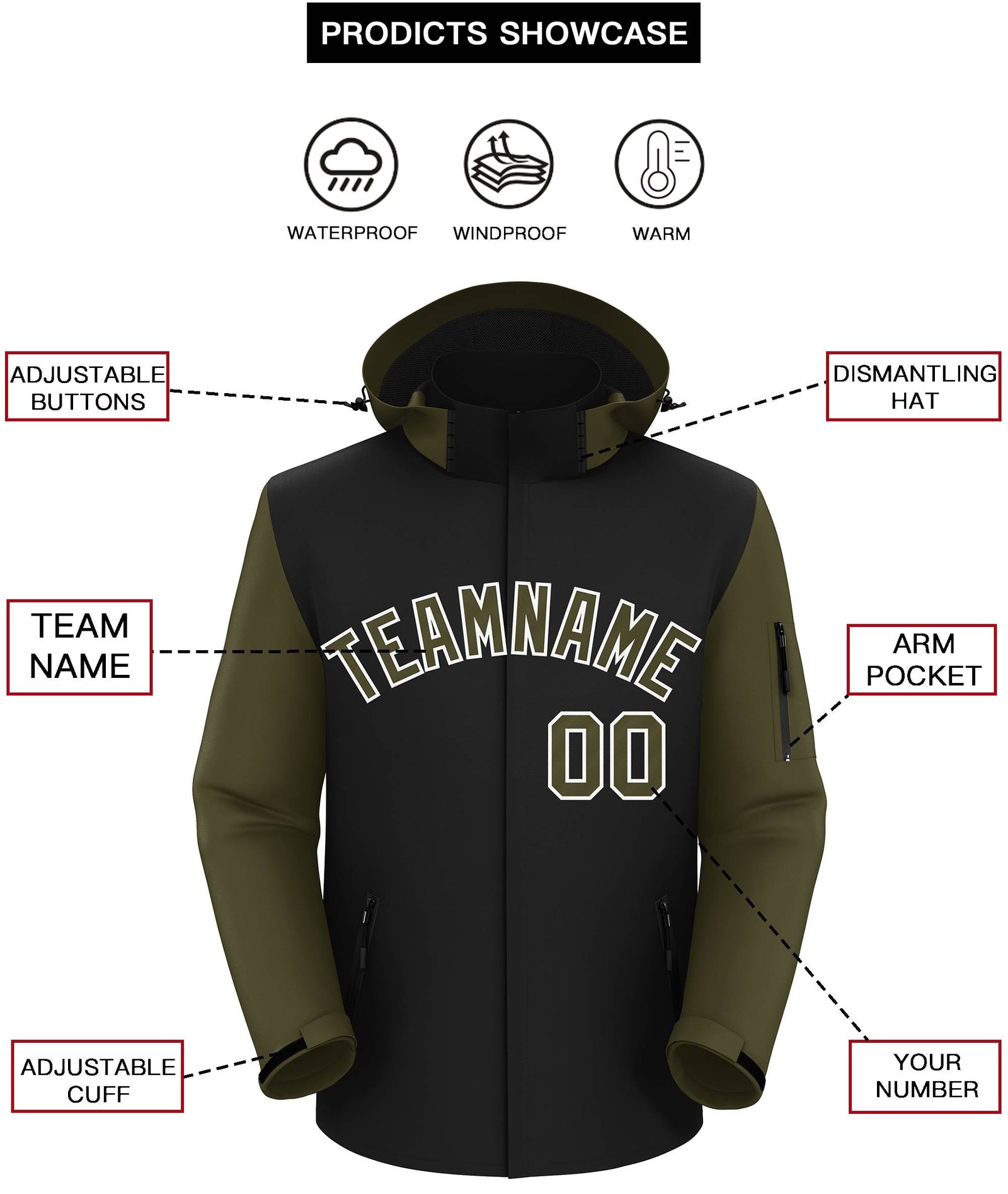 Custom Black Olive-White Raglan Sleeves Waterproof Jacket