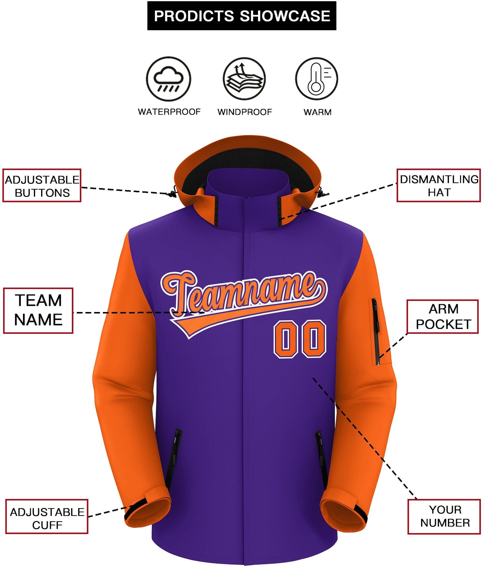 Custom Purple Orange-White Raglan Sleeves Waterproof Jacket
