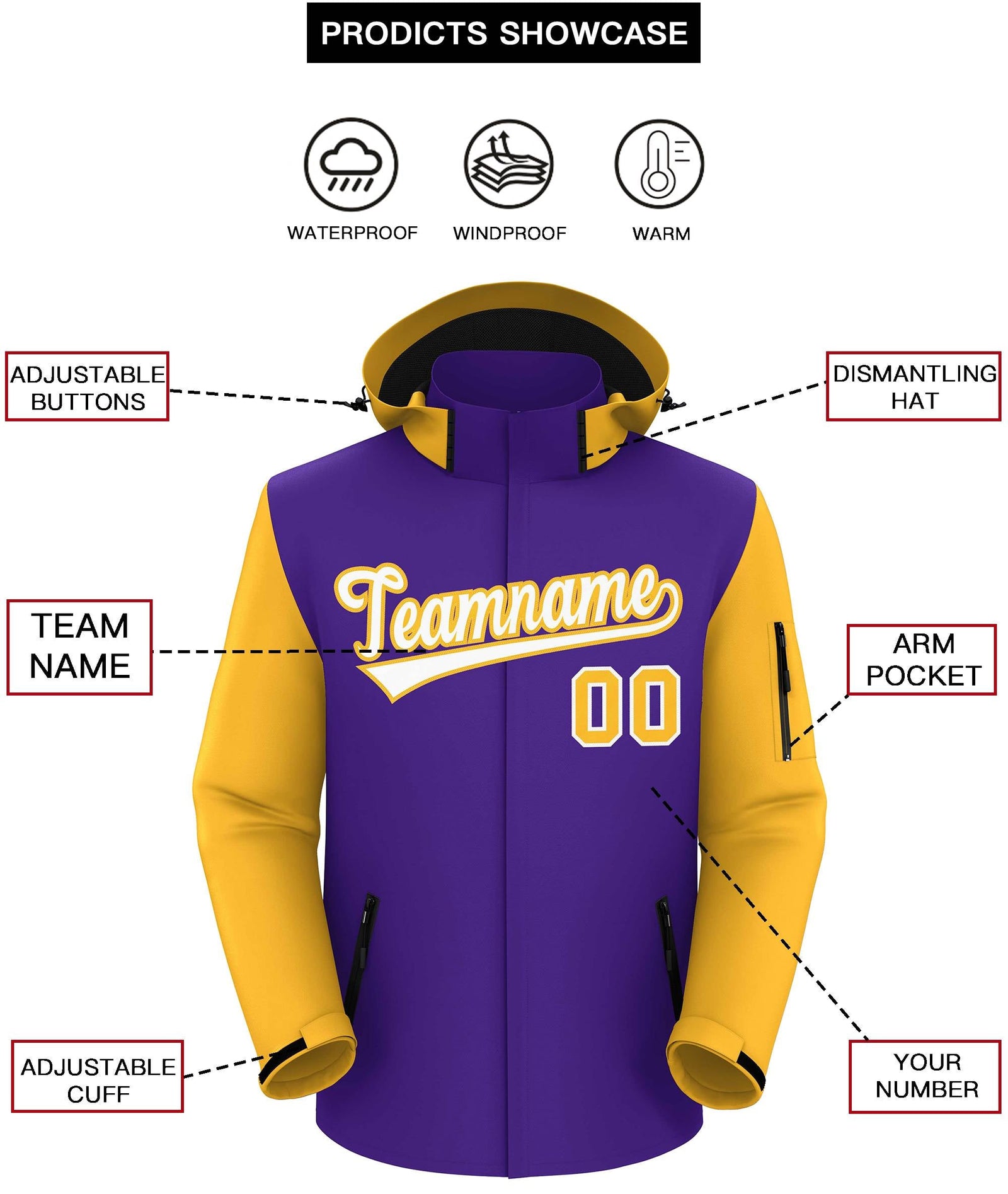 Custom Purple Gold-White Raglan Sleeves Waterproof Jacket
