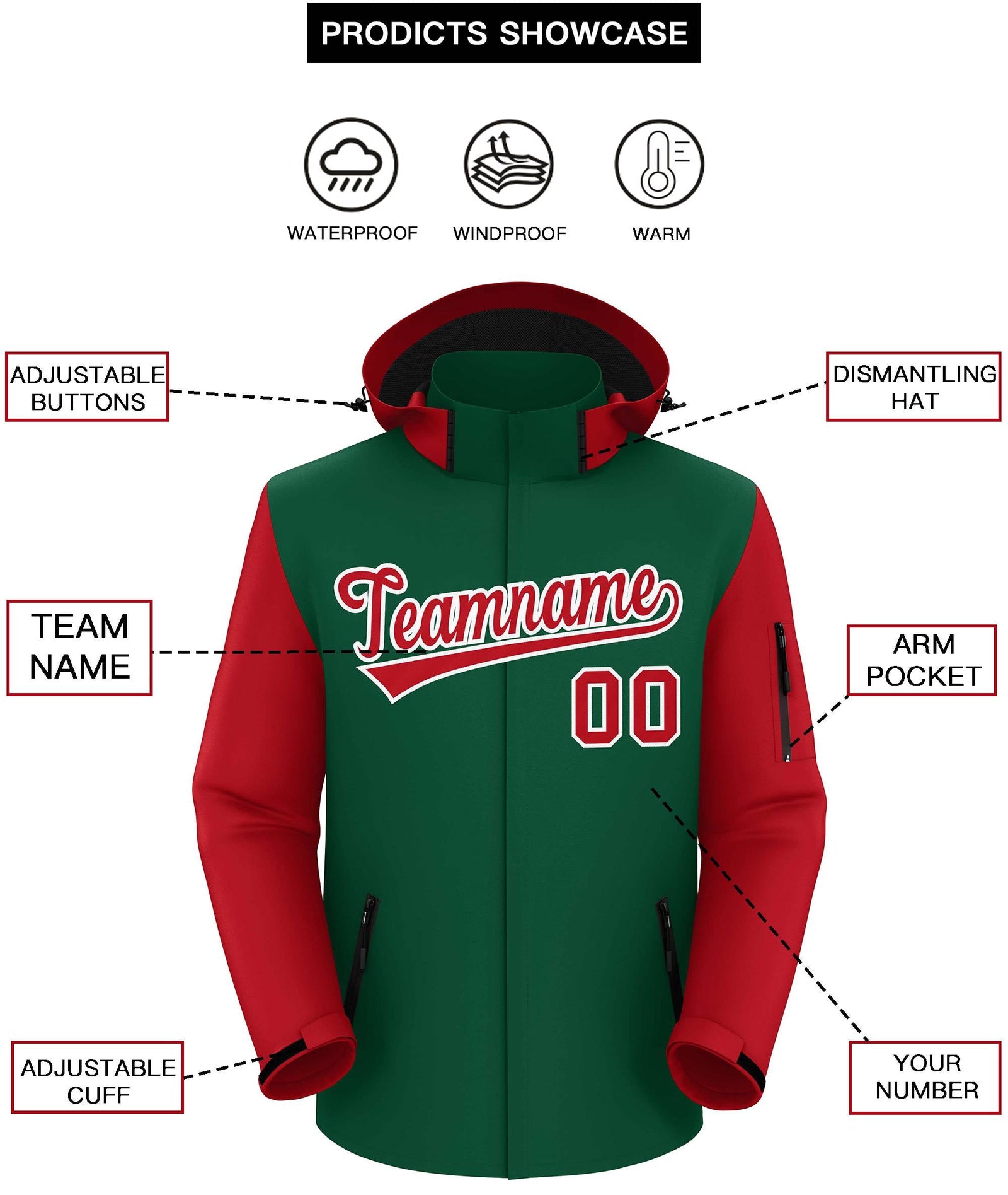 Custom Green Red-White Raglan Sleeves Waterproof Jacket