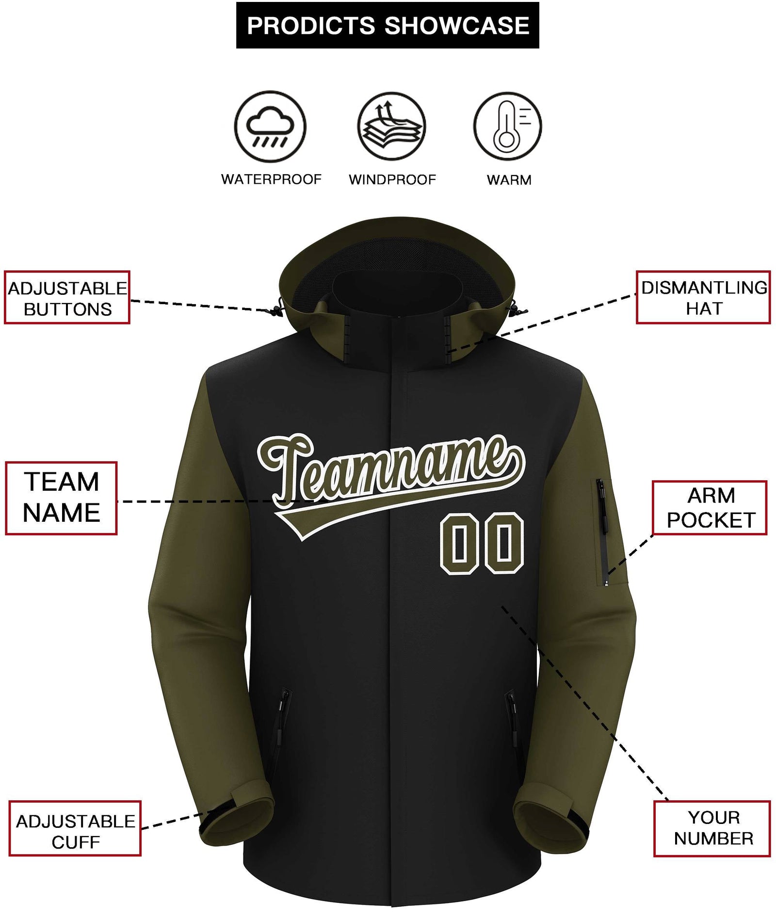 Custom Black Olive-White Raglan Sleeves Waterproof Jacket