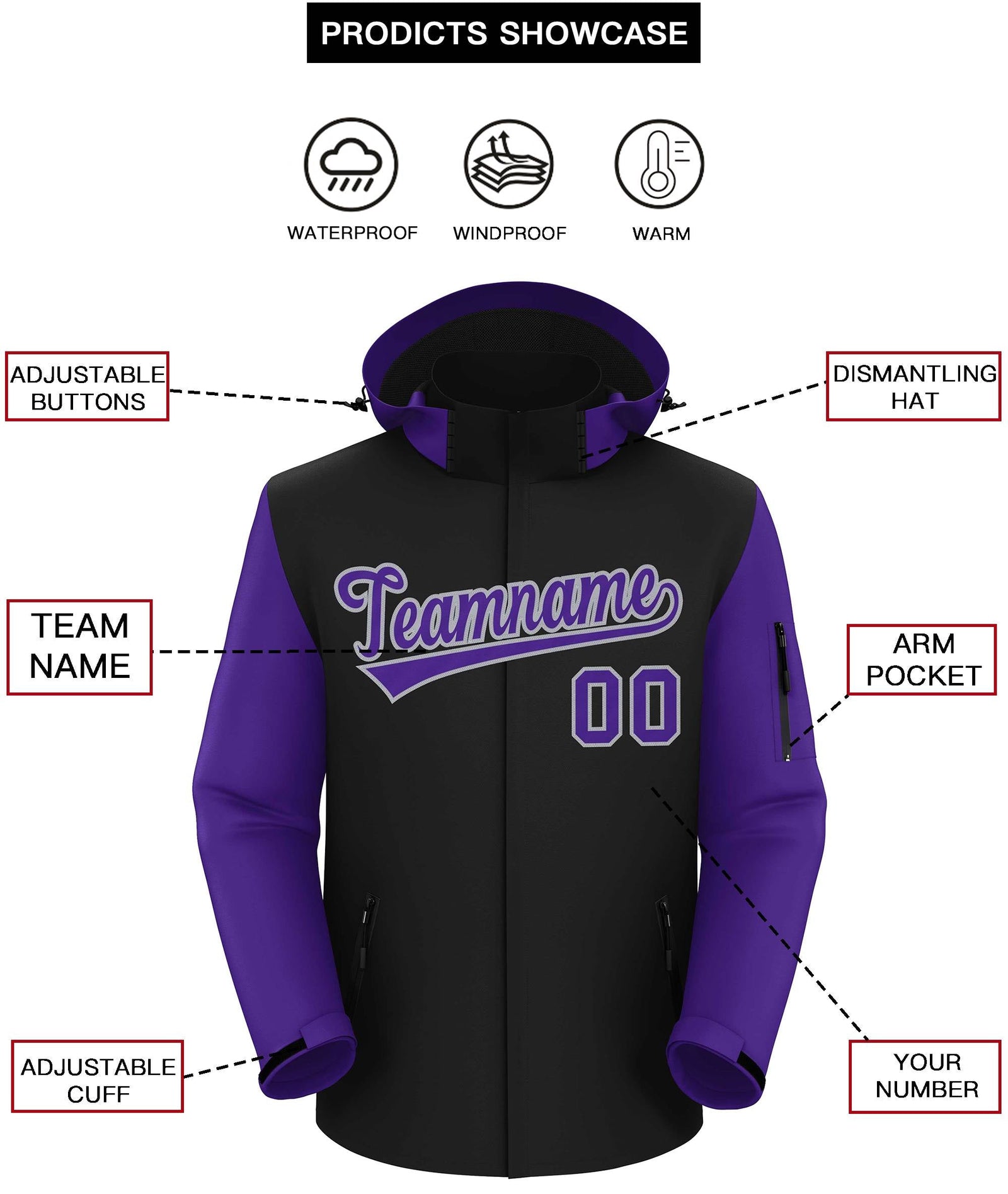 Custom Black Purple-Gray Raglan Sleeves Waterproof Jacket