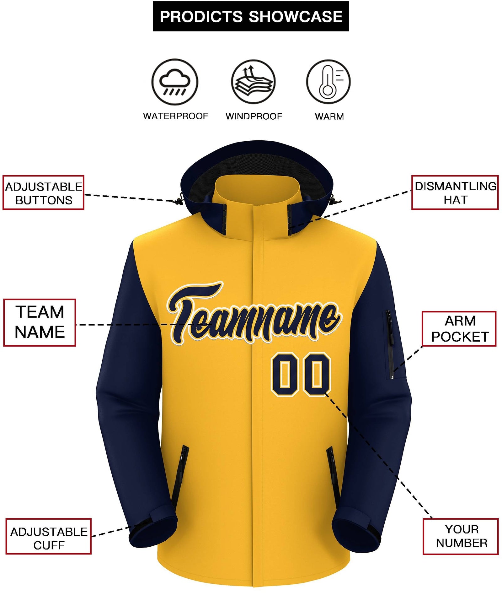 Custom Gold Navy-White Raglan Sleeves Waterproof Jacket