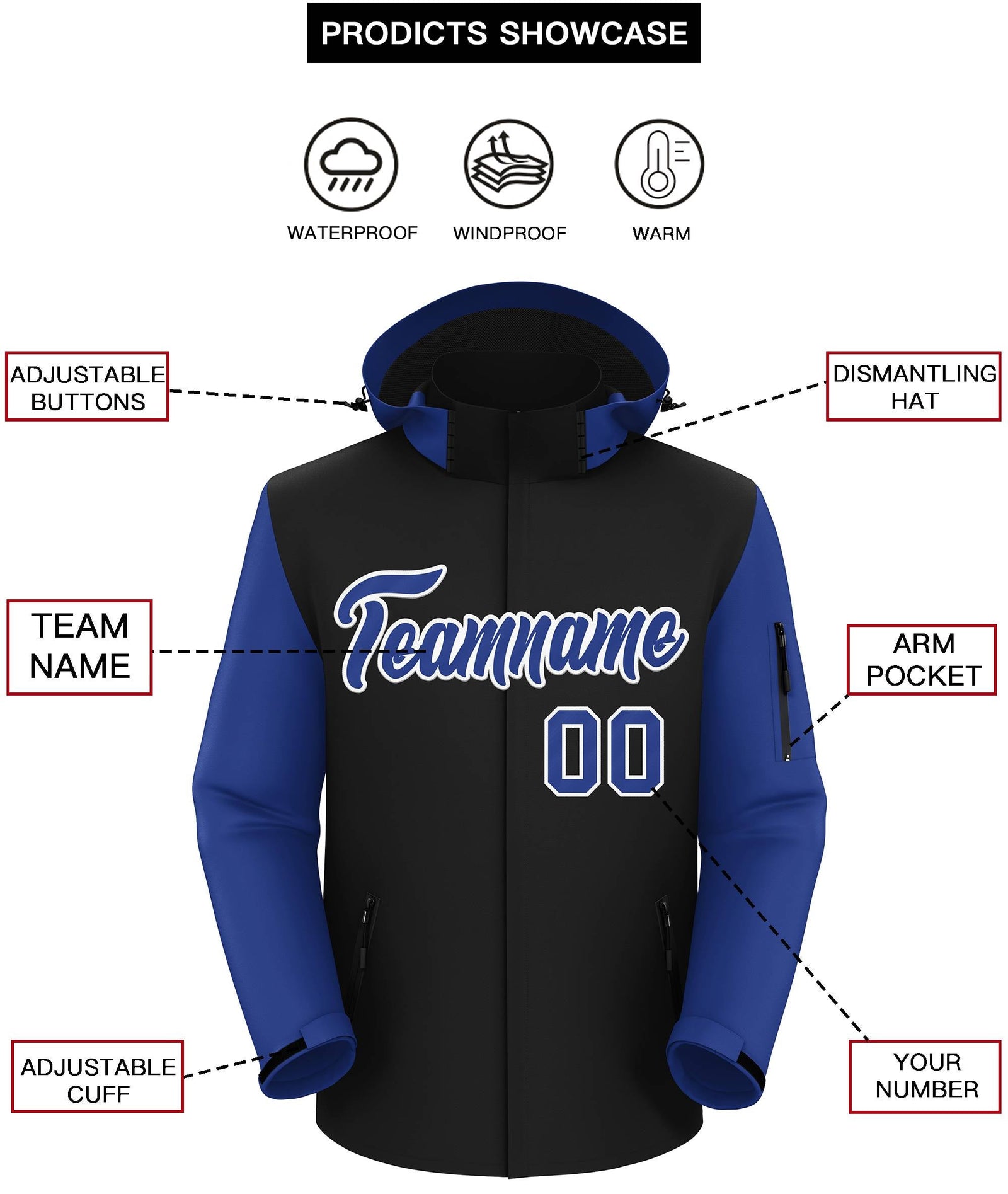 Custom Black Royal-White Raglan Sleeves Waterproof Jacket