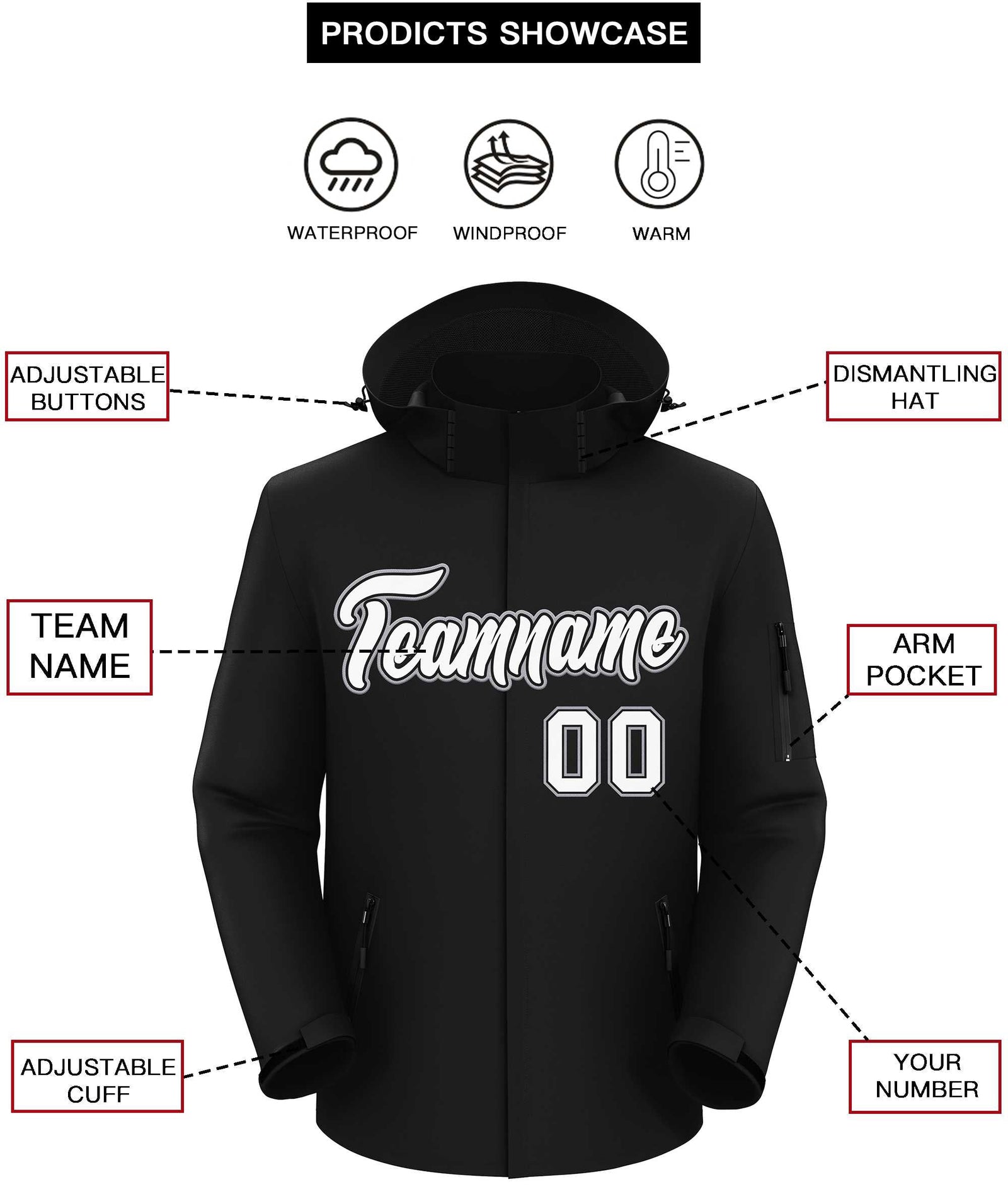 Custom Black White-Gray Classic Style Waterproof Jacket