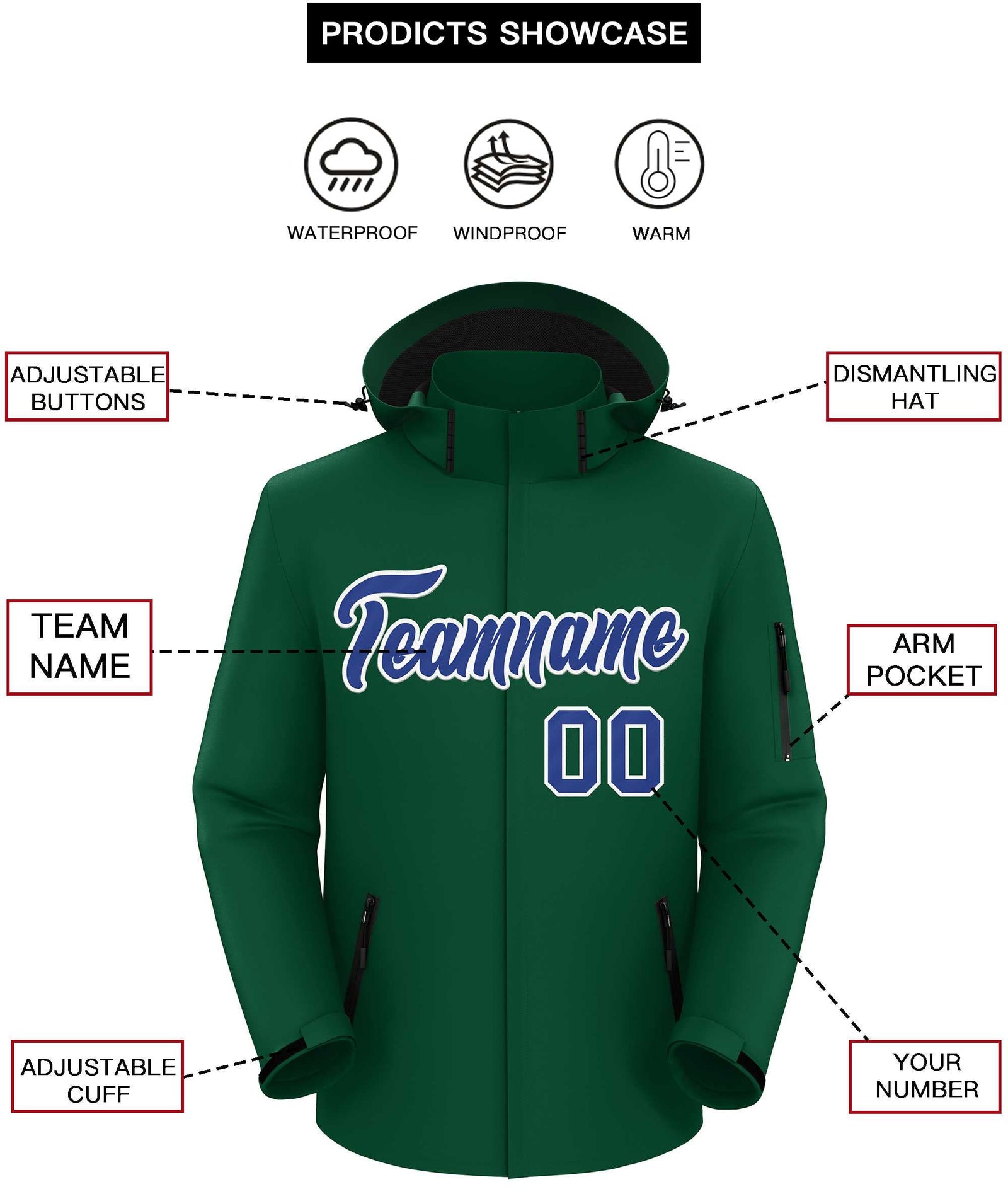 Custom Green Royal-White Classic Style Waterproof Jacket
