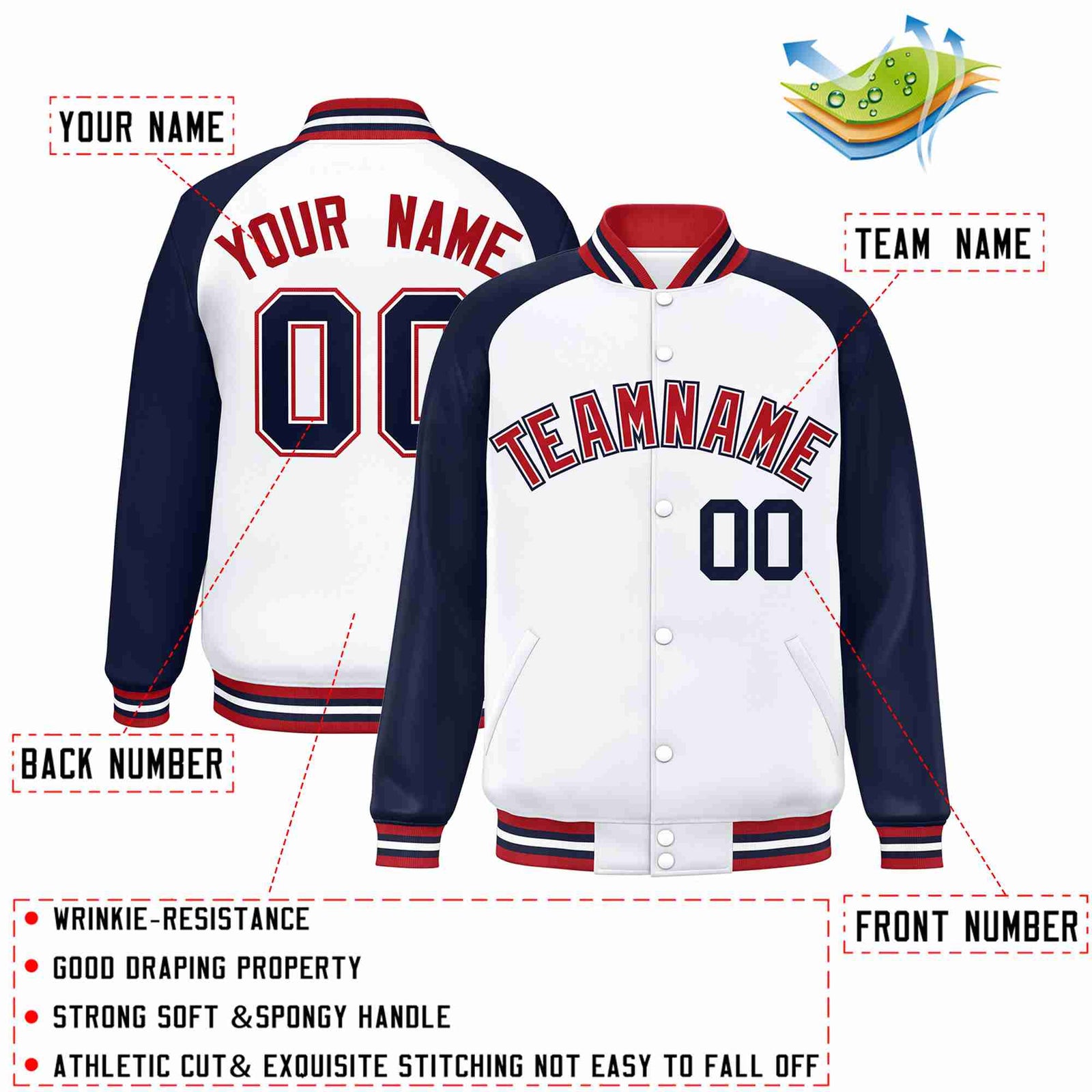 Custom White Red-White Raglan Sleeves Varsity Full-Snap Letterman Jacket