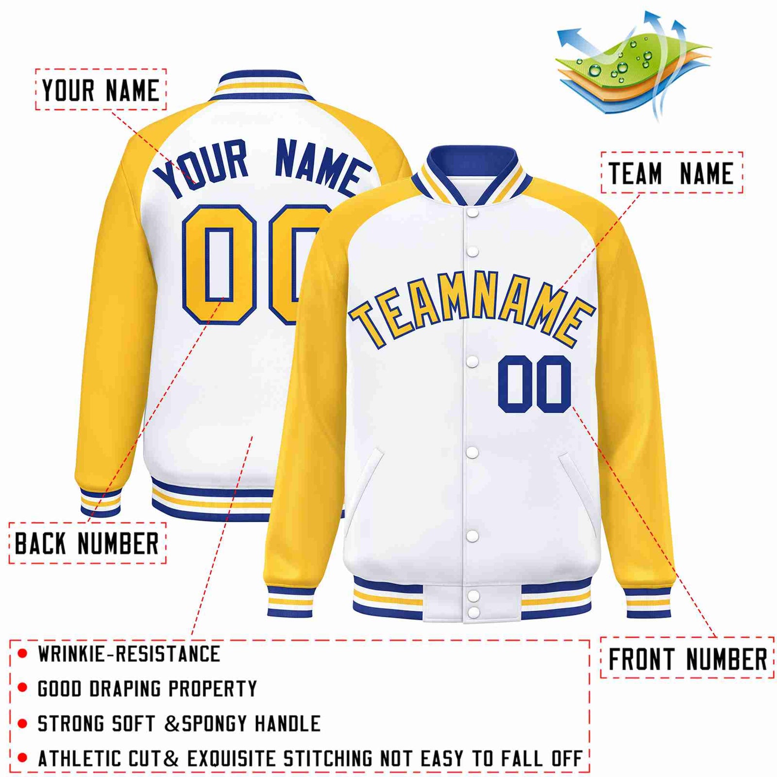 Custom White Gold-Royal Raglan Sleeves Varsity Full-Snap Letterman Jacket