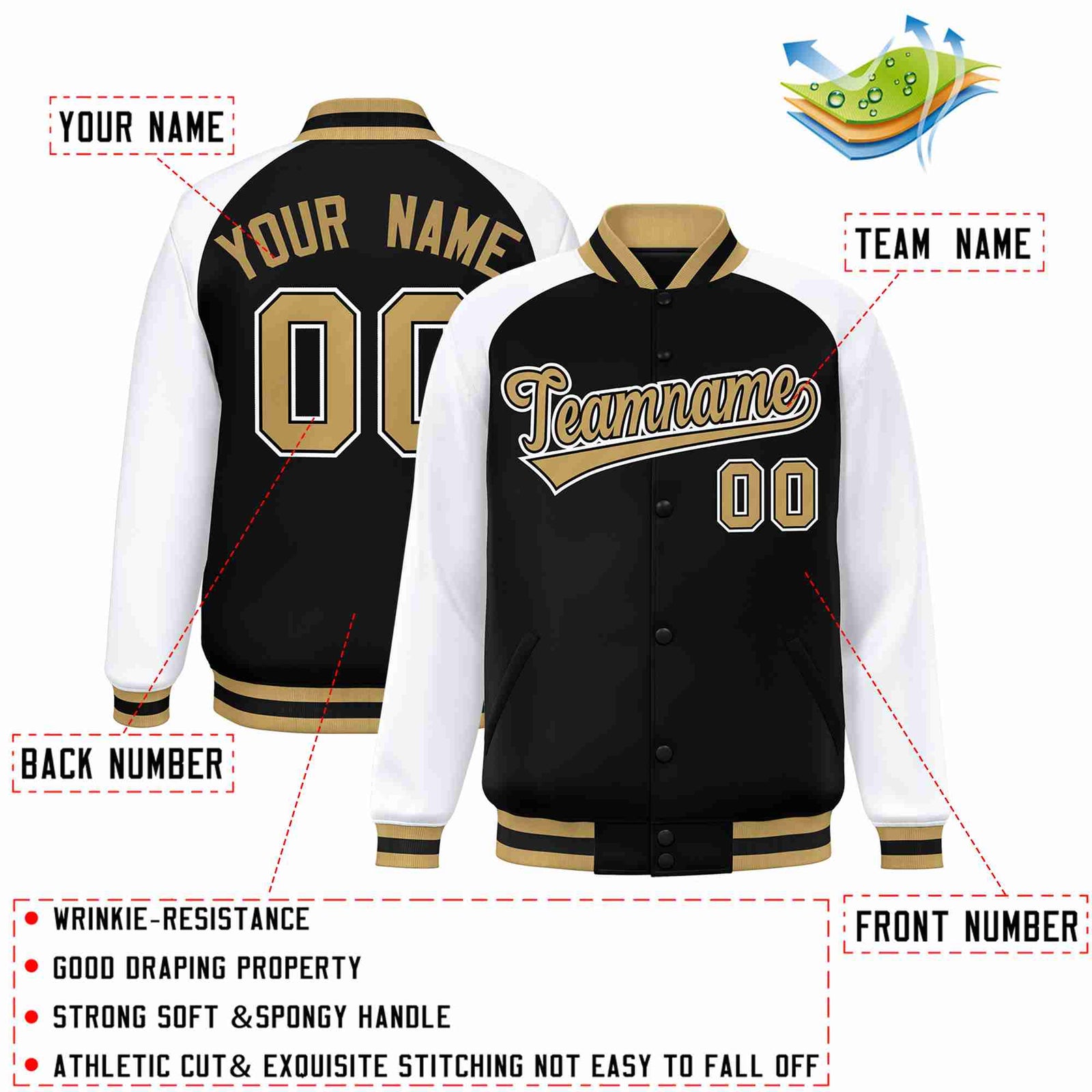 Custom Black Old Gold-Black Raglan Sleeves Varsity Full-Snap Letterman Jacket