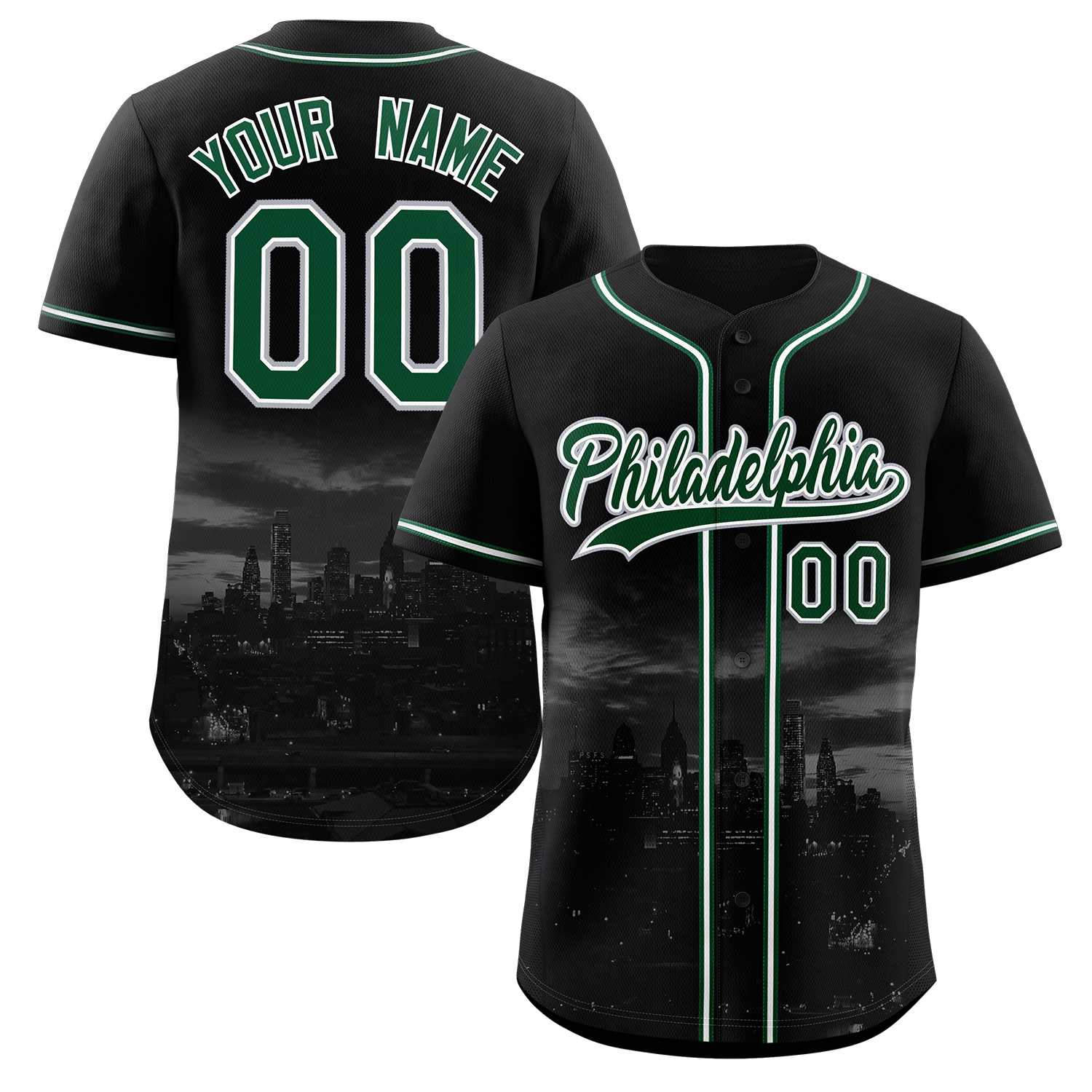 Custom Black Green-White Philadelphia City Skyline Baseball Jersey