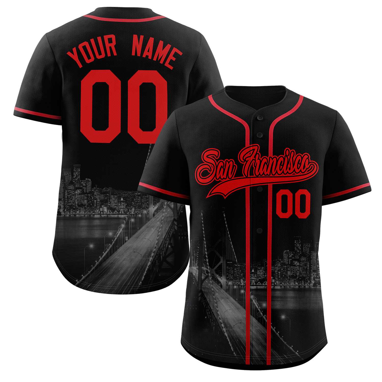 Custom Black Red-Black San Francisco City Skyline Baseball Jersey