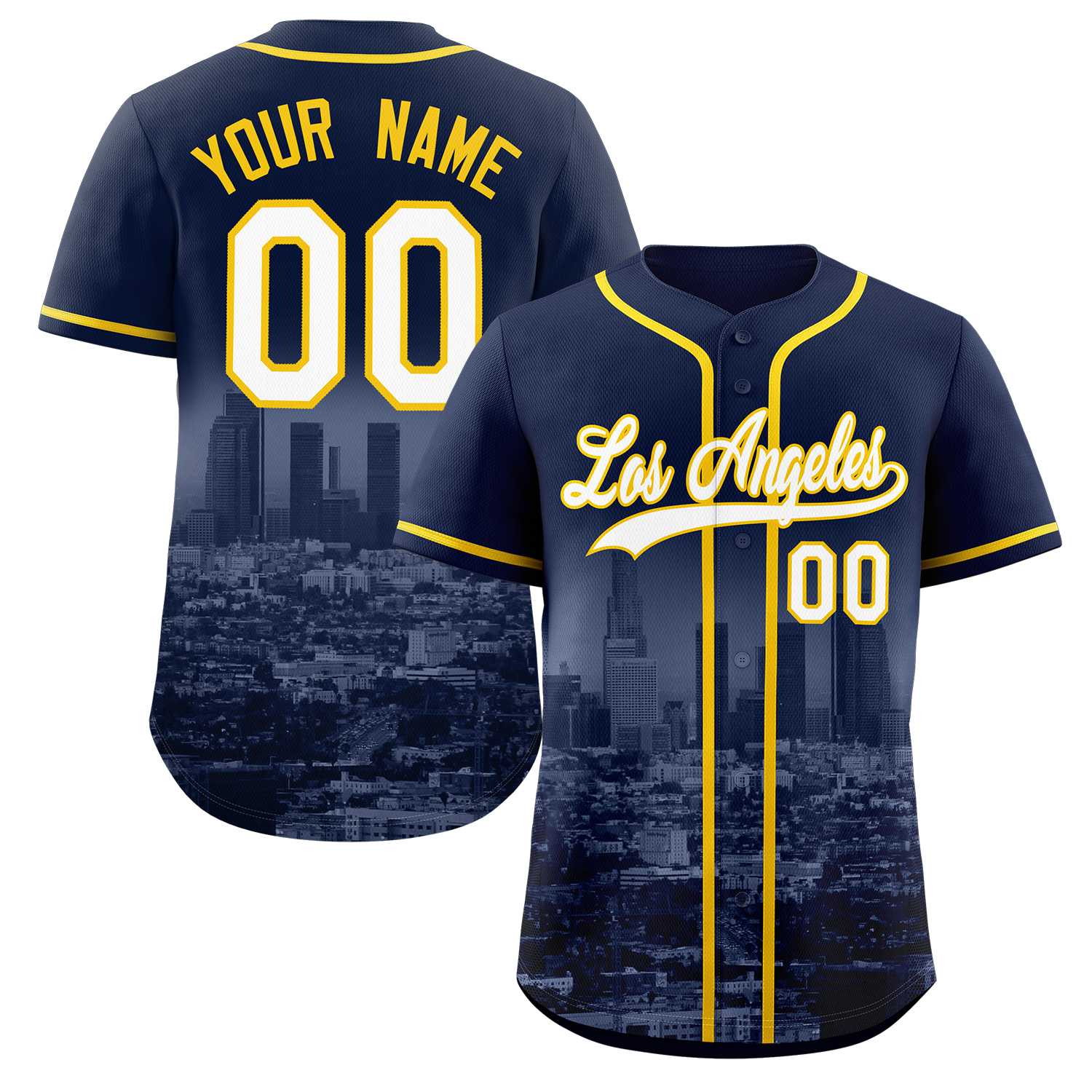Custom Navy White-Yellow Los Angeles City Skyline Baseball Jersey