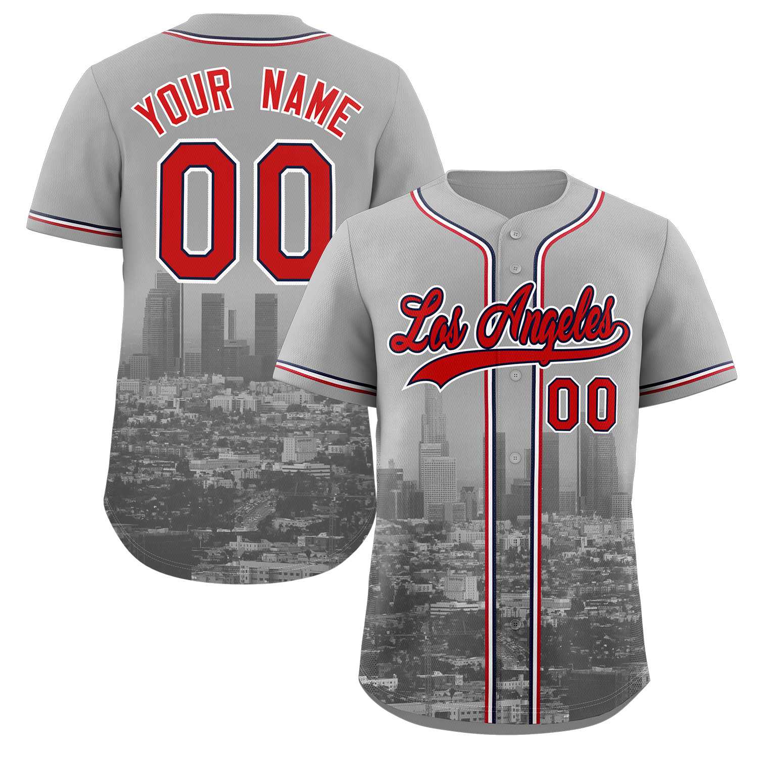 Custom Gray Red-Navy Los Angeles City Skyline Baseball Jersey