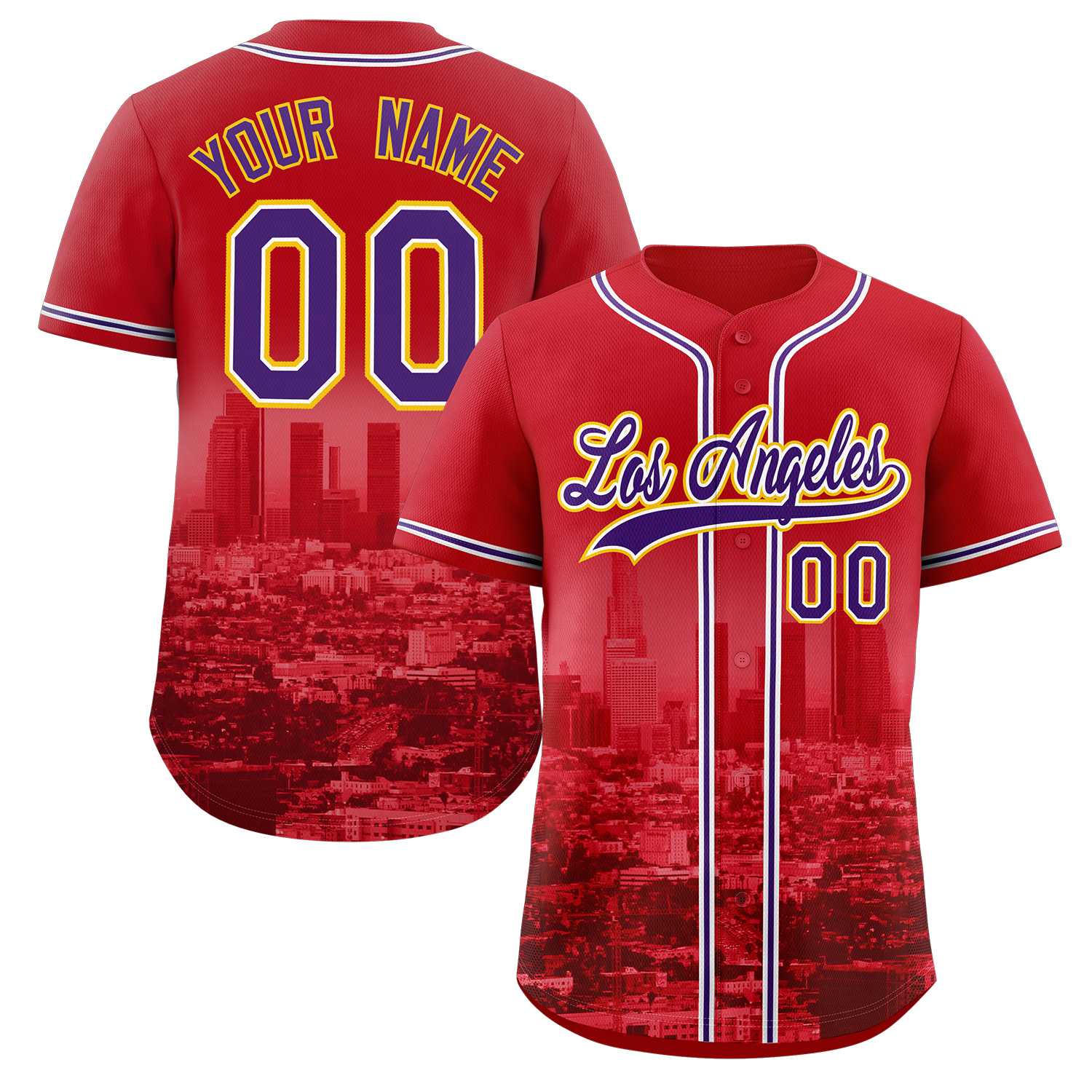 Custom Red Purple-White Los Angeles City Skyline Baseball Jersey