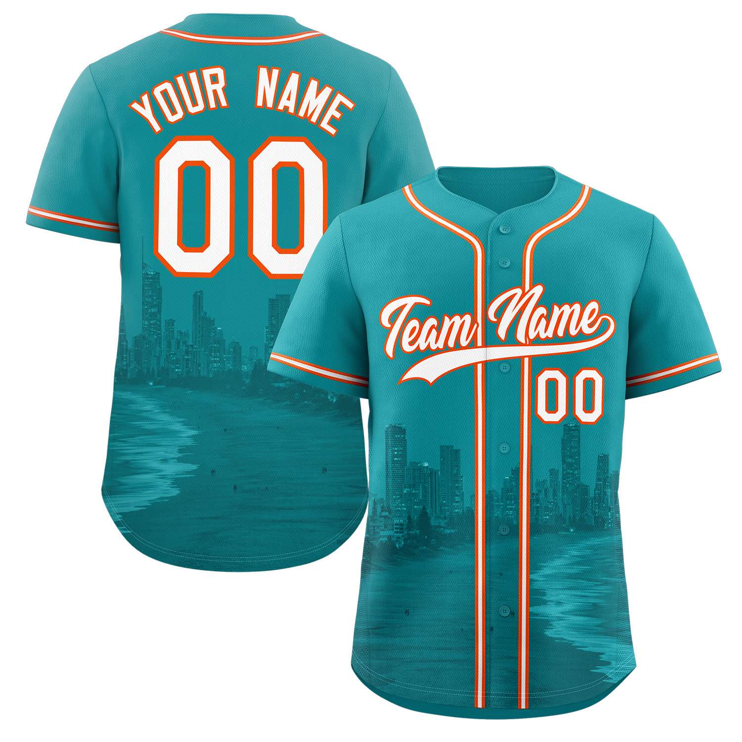 Custom Aqua White-Orange Miami City Skyline Baseball Jersey