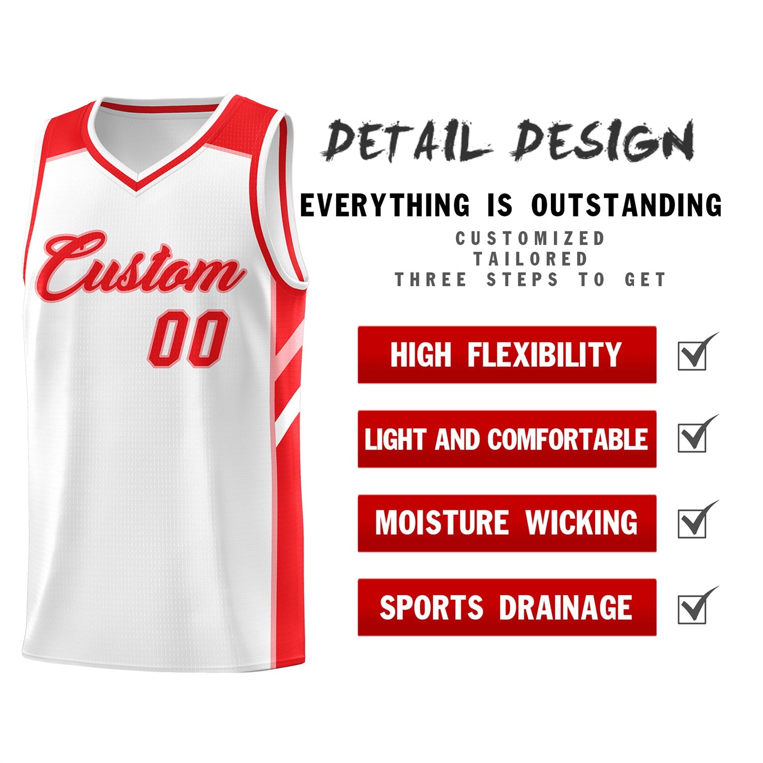 Custom White Red Classic Tops Fashion Sportwear Basketball Jersey