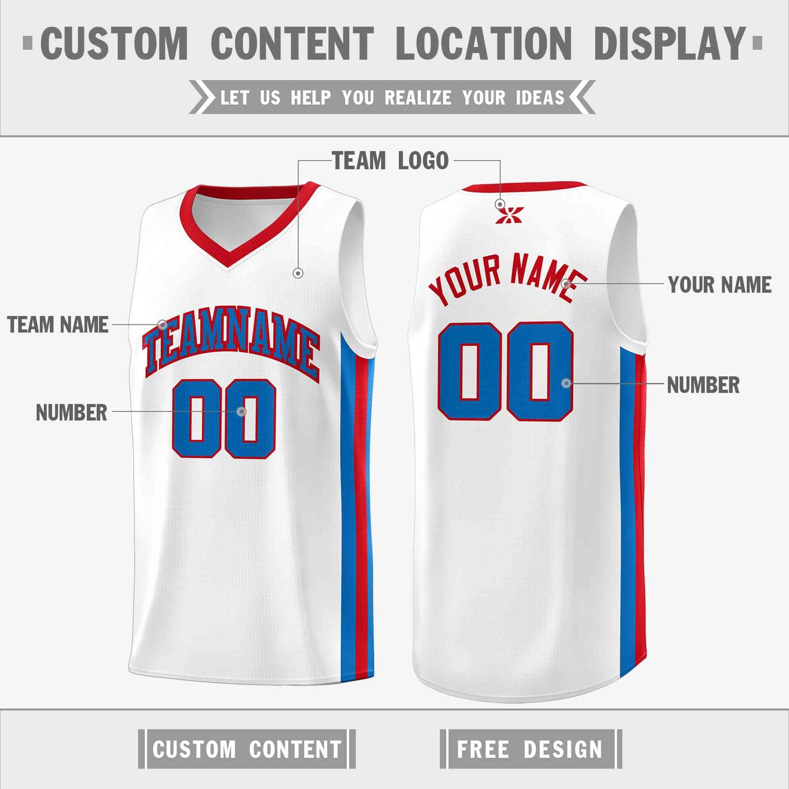 Custom White Blue-Red Classic Tops Mesh Sport Basketball Jersey