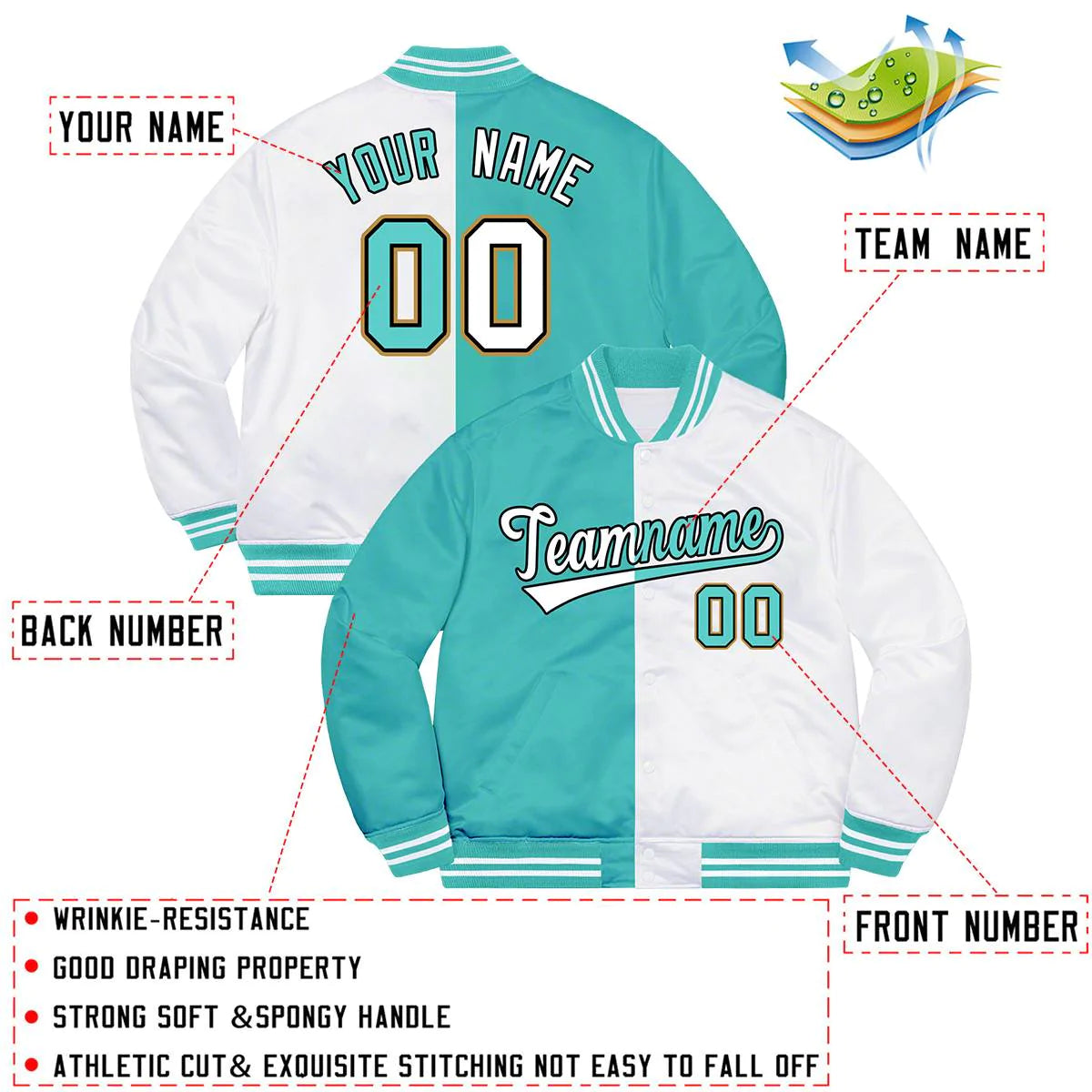 Custom White Aqua-Black Letterman Two Tone Split Fashion Bomber Varsity Jacket