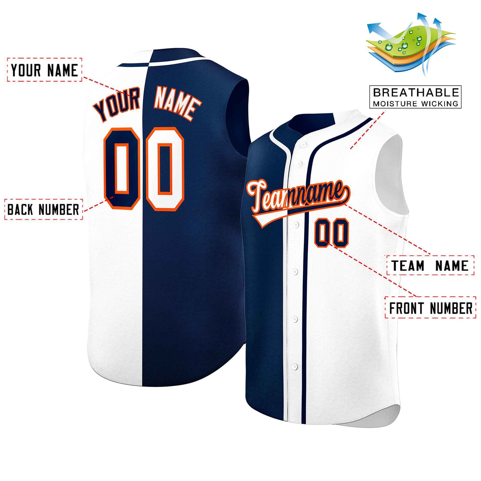 Custom Navy White Split Fashion Design Authentic Sleeveless Baseball Jersey