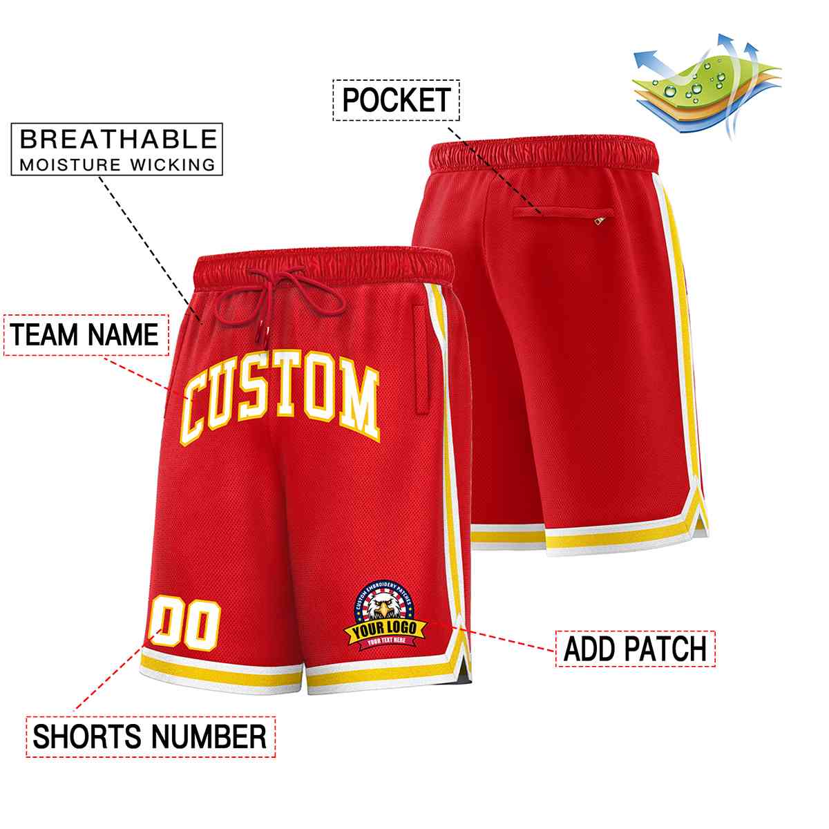 Custom Red White-Gold Classic Style Basketball Mesh Shorts