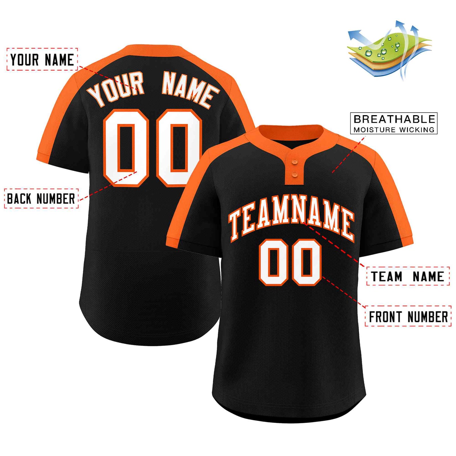 Custom Black White-Orange Classic Style Authentic Two-Button Softball Jersey