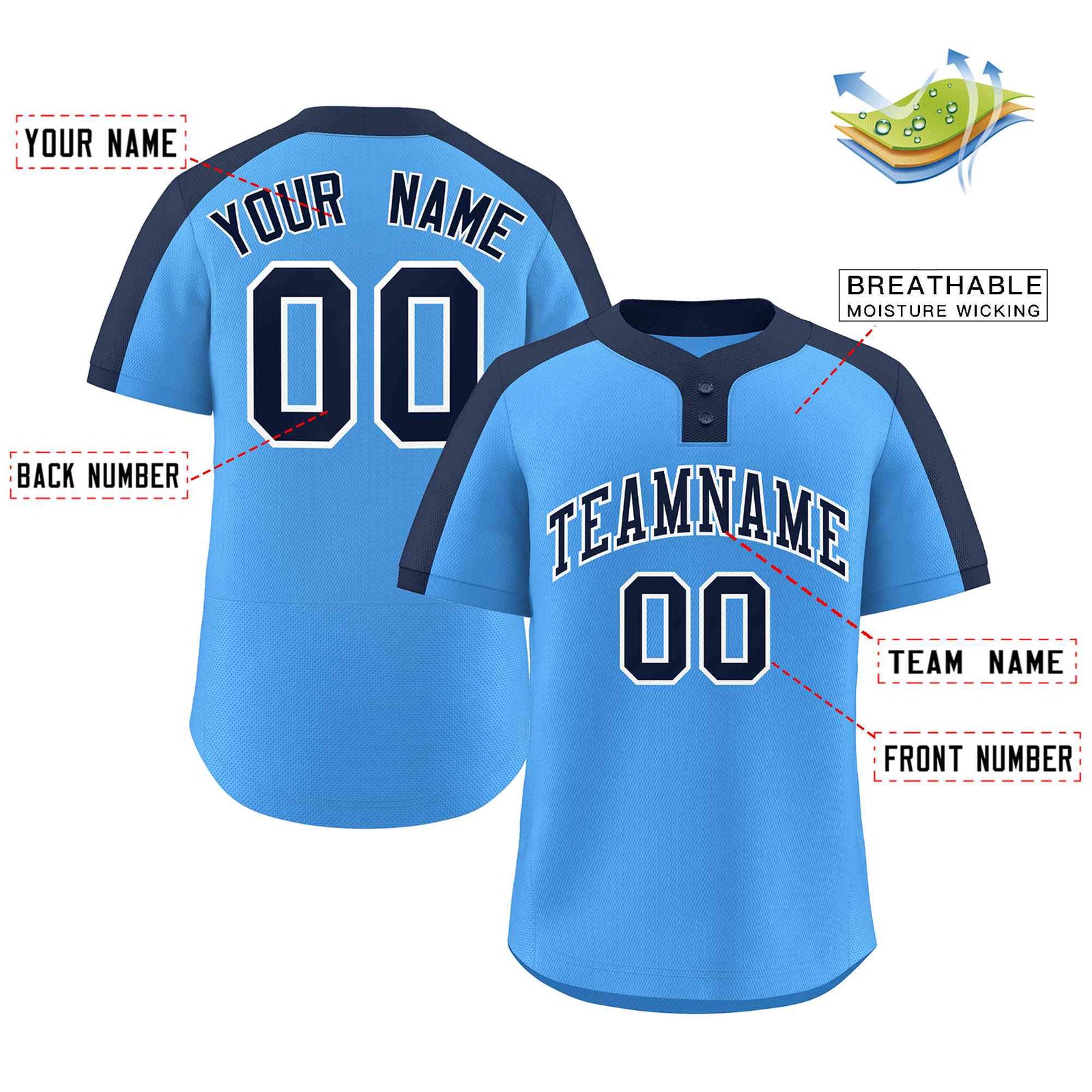 Custom Powder Blue Navy-White Classic Style Authentic Two-Button Softball Jersey