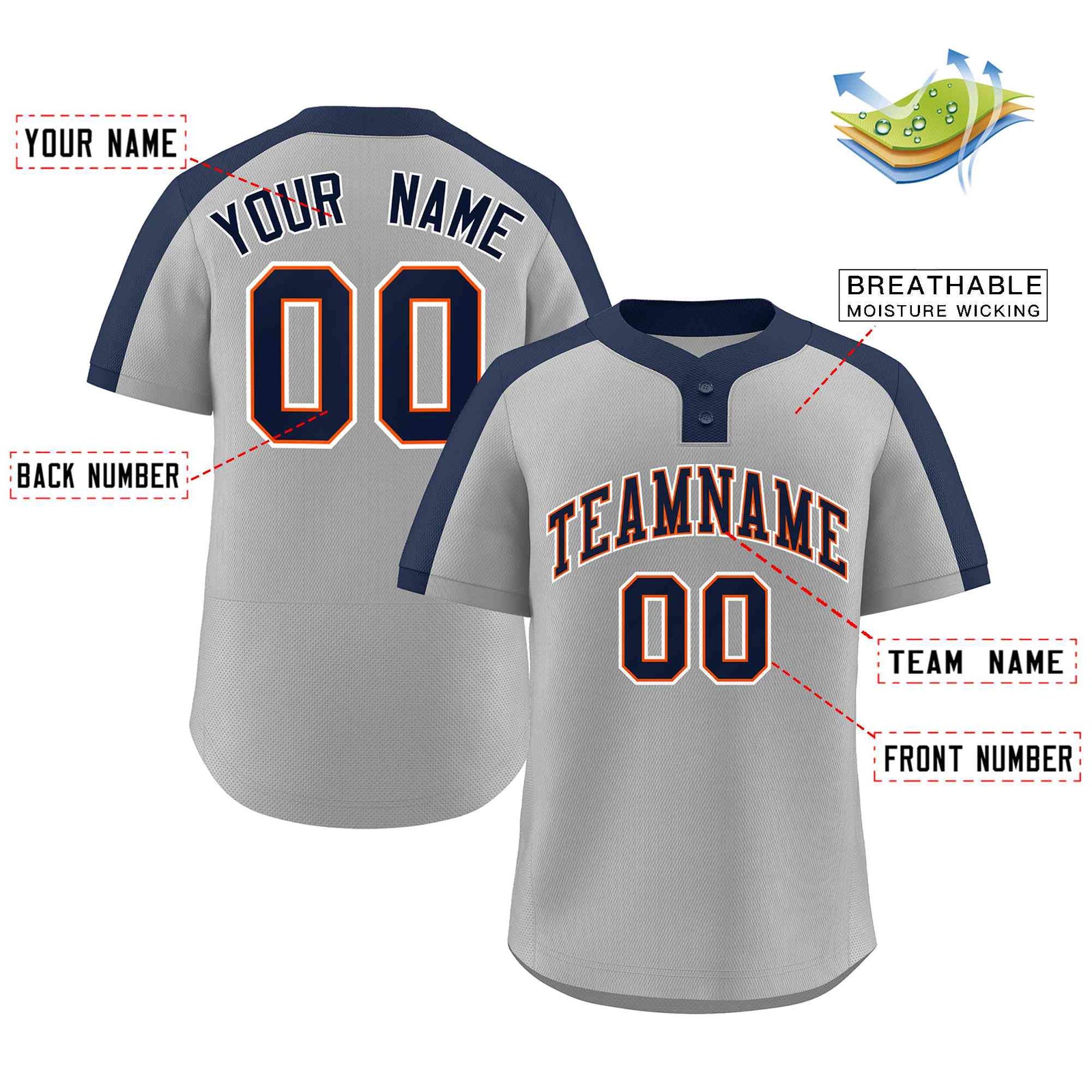 Custom Gray Navy-Orange Classic Style Authentic Two-Button Softball Jersey