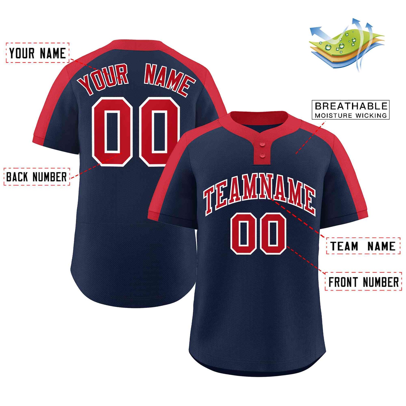 Custom Navy Red-White Classic Style Authentic Two-Button Softball Jersey
