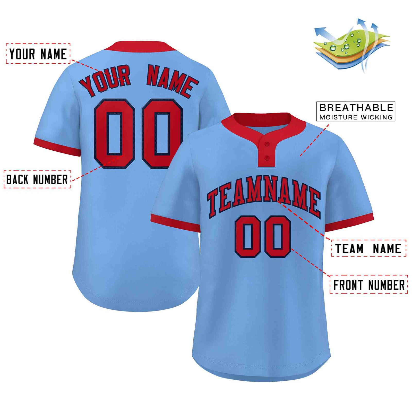 Custom Light Blue Red Classic Style Authentic Two-Button Softball Jersey