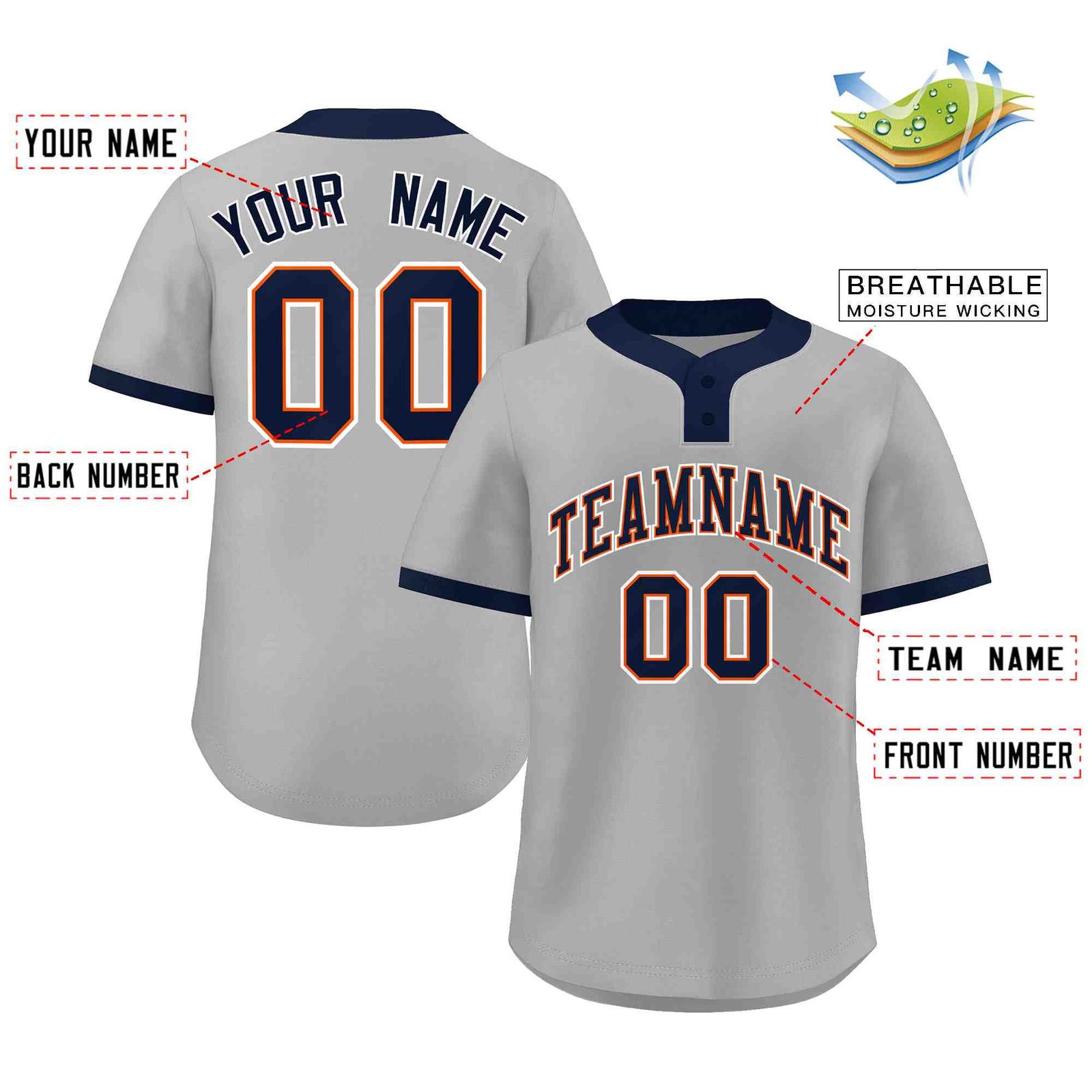 Custom Gray Navy-White Classic Style Authentic Two-Button Softball Jersey