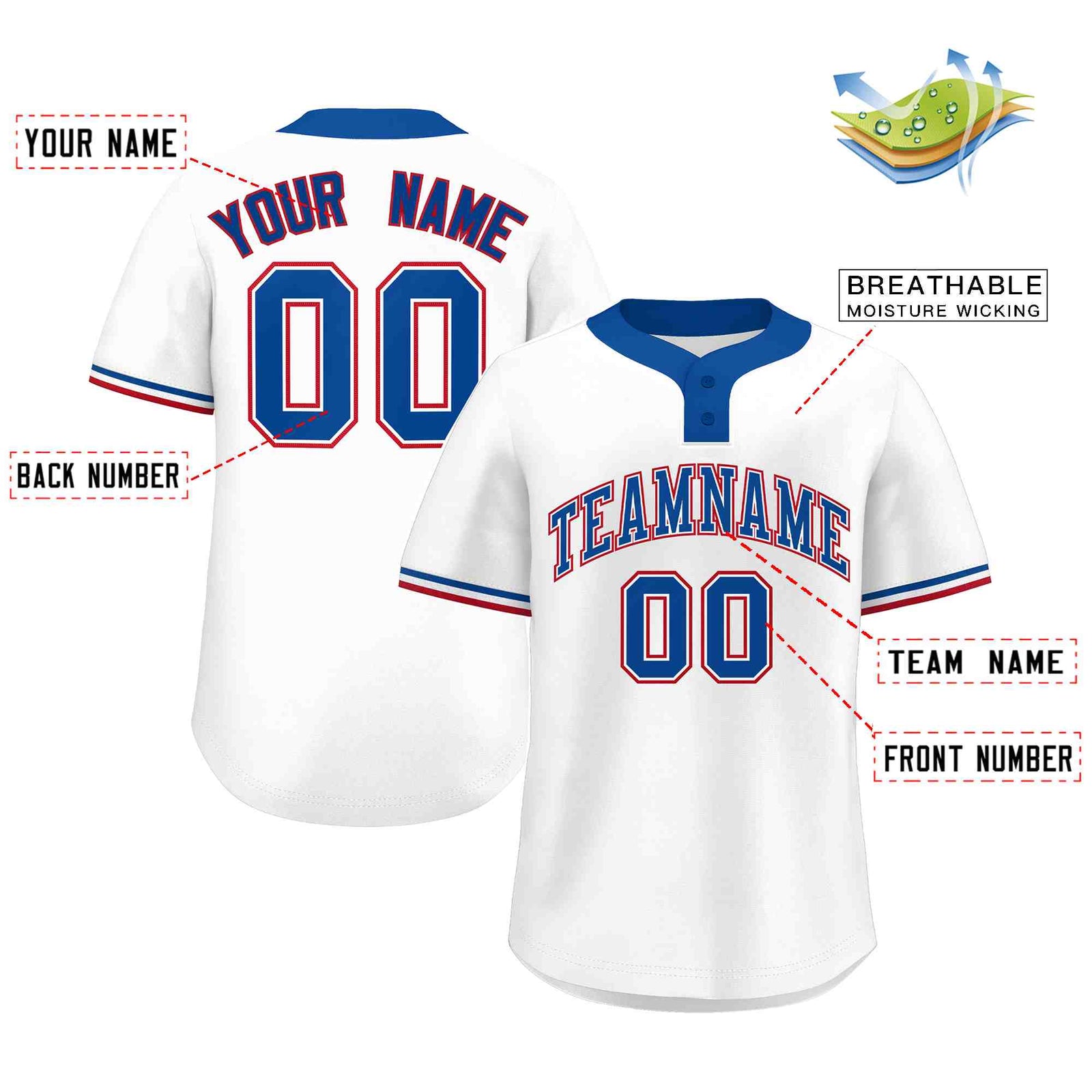 Custom White Royal-Red Classic Style Authentic Two-Button Softball Jersey