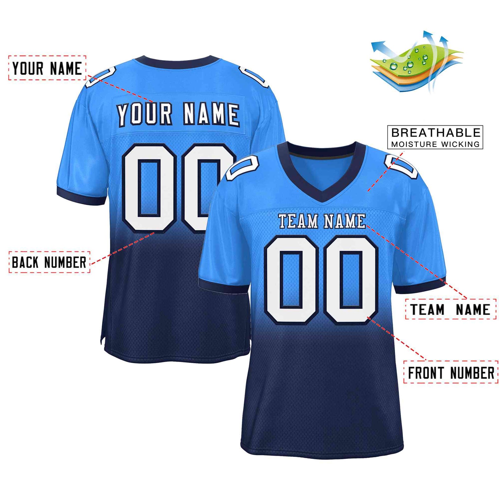 Custom Powder Blue Navy-White Gradient Fashion Outdoor Authentic Football Jersey