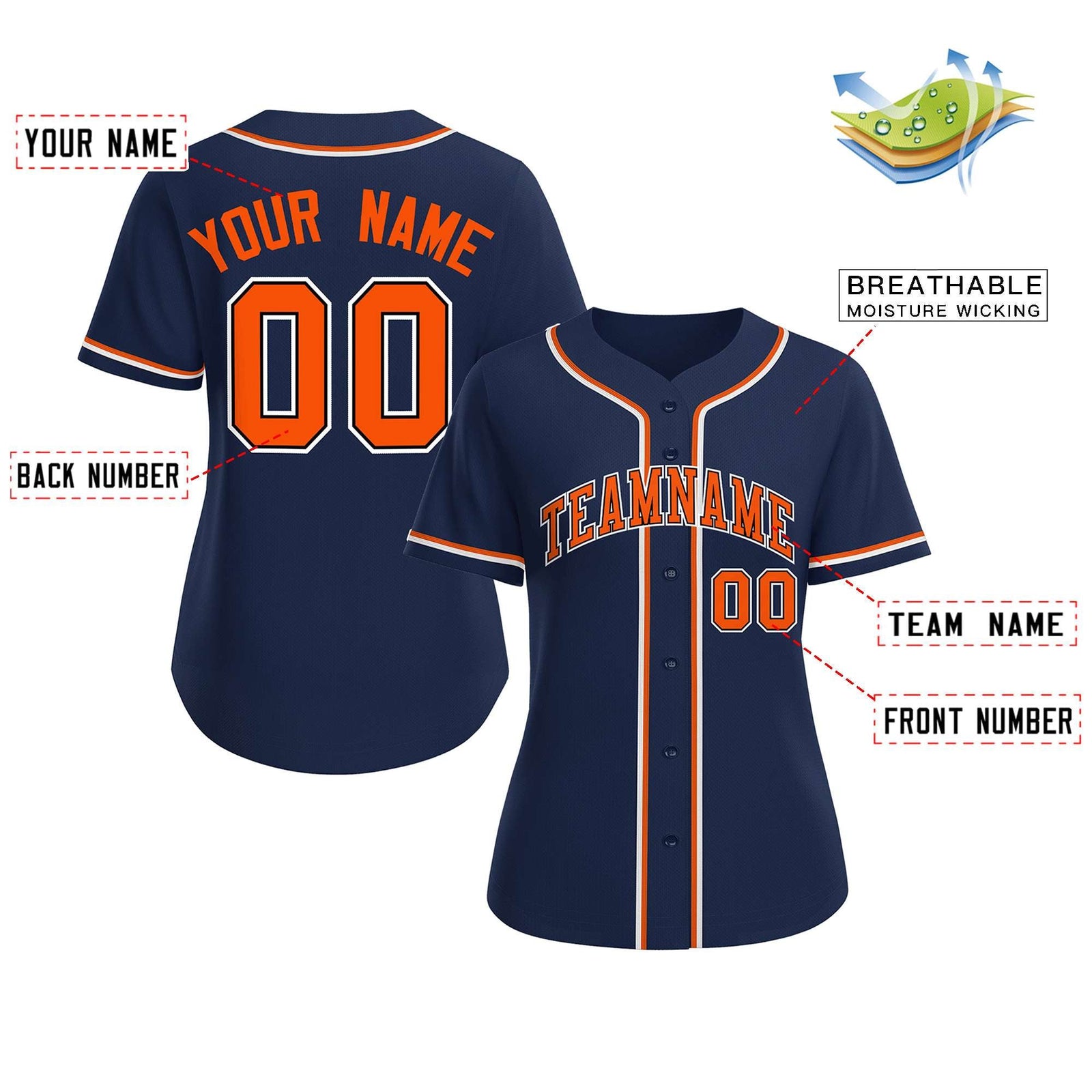 Custom Navy Orange-Black Classic Style Baseball Jersey For Women