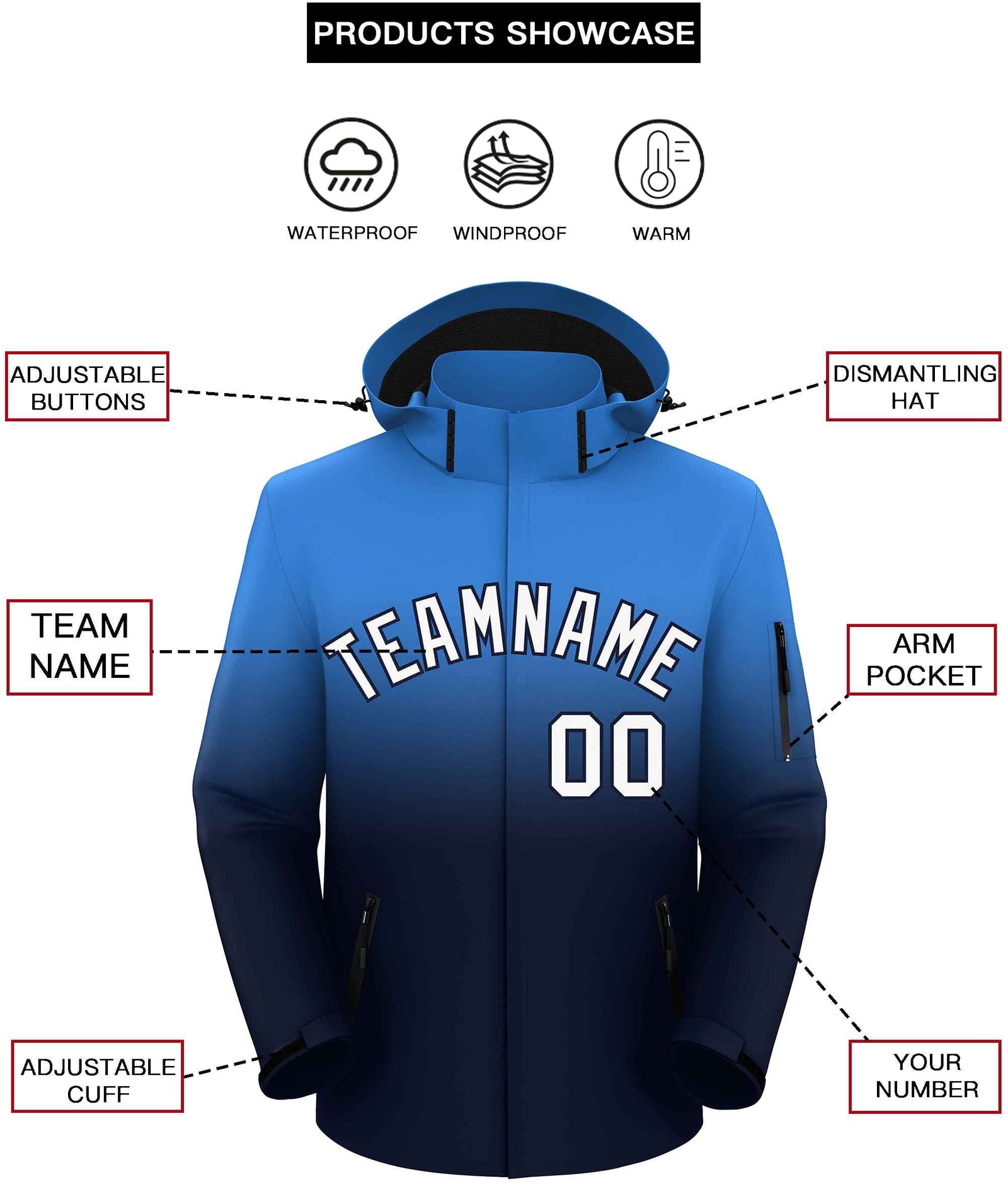 Custom Powder Blue Navy Gradient Fashion Outdoor Hooded Waterproof Jacket