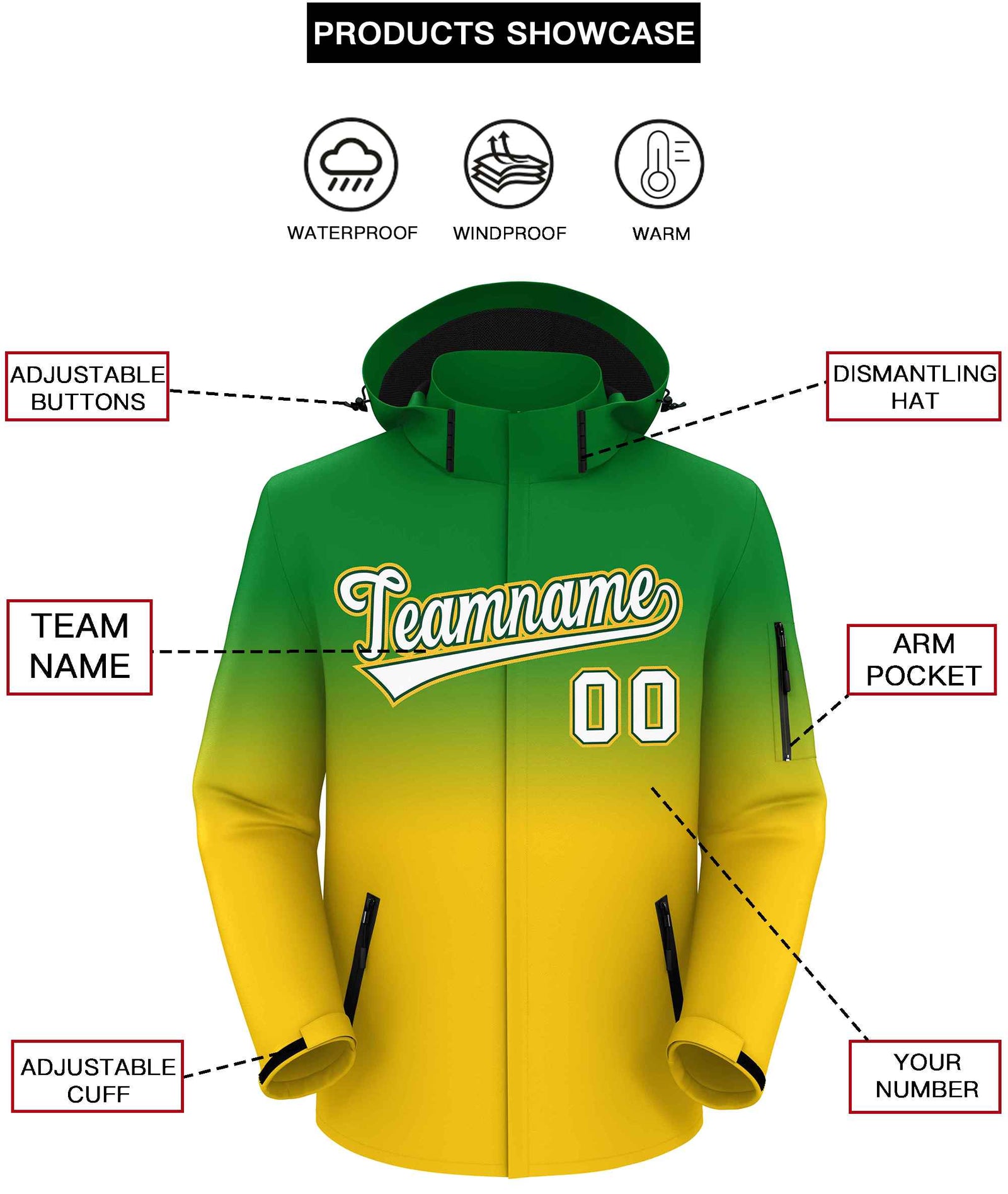 Custom Kelly Green Gold Gradient Fashion Outdoor Hooded Waterproof Jacket