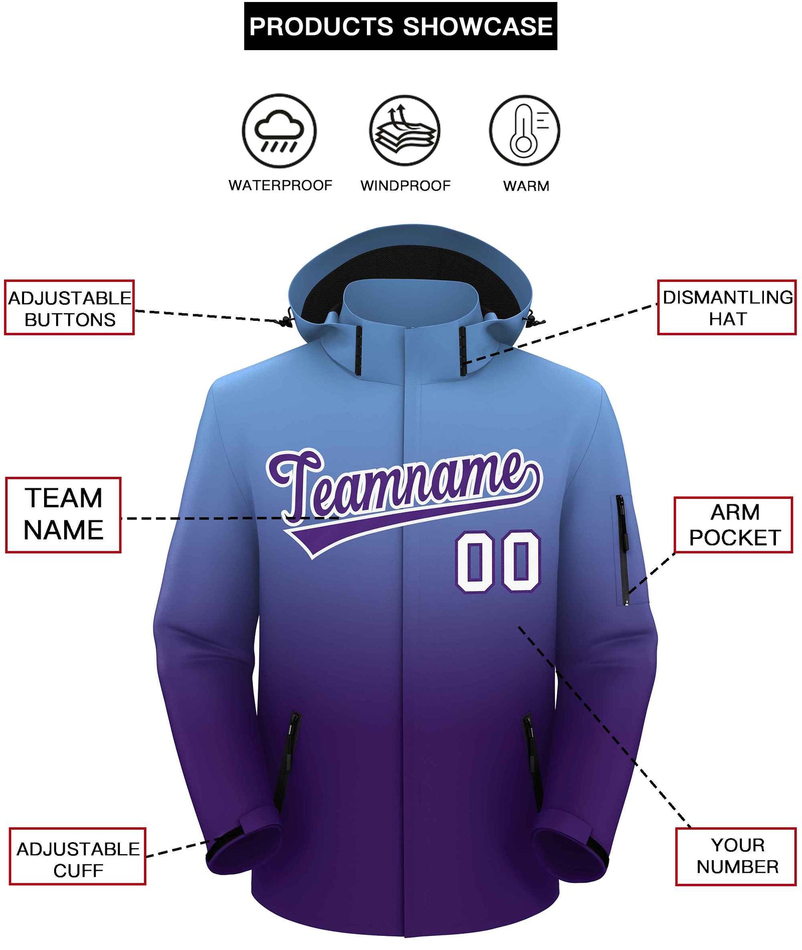 Custom Light Blue Purple Gradient Fashion Outdoor Hooded Waterproof Jacket