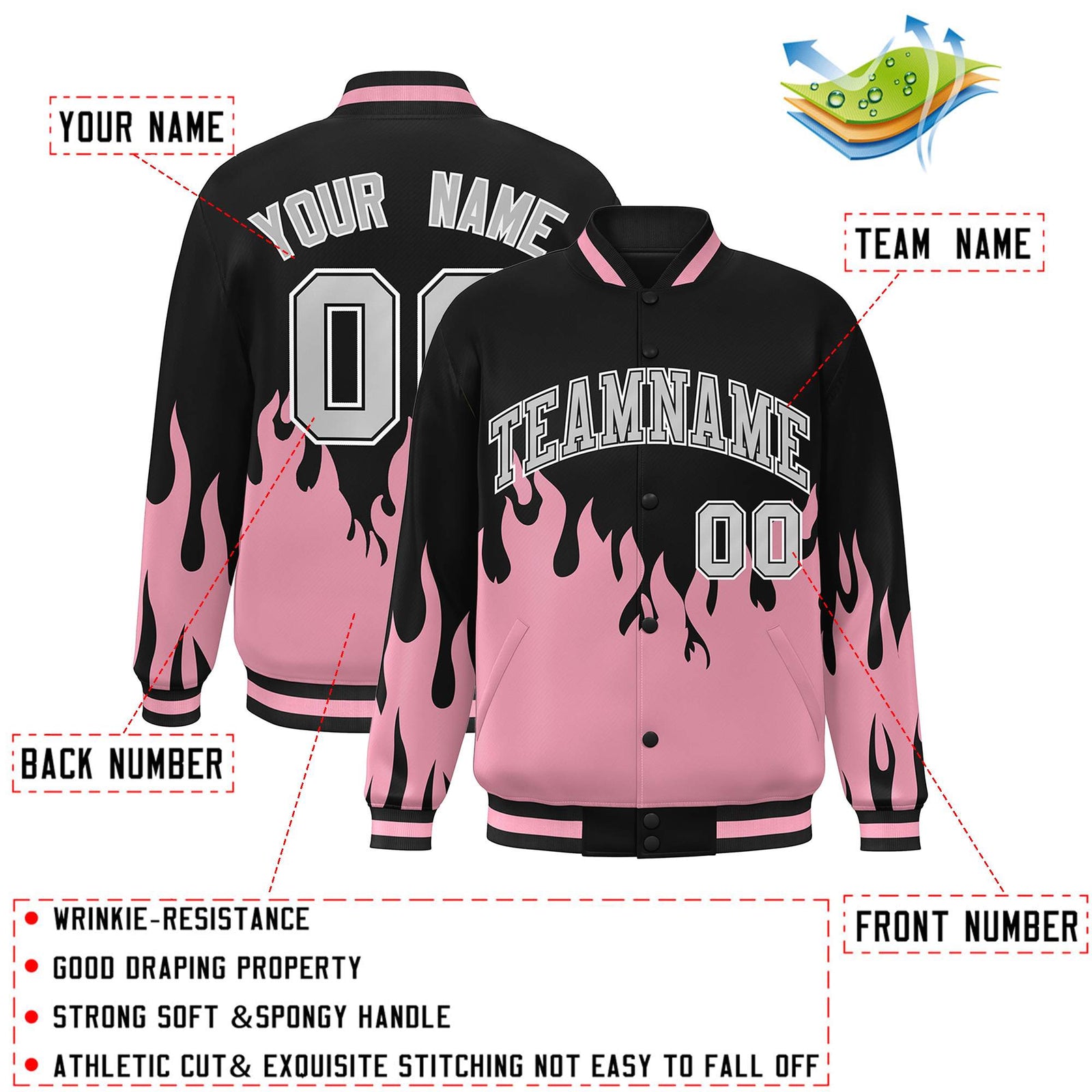Custom Pink Black-Gray Flame Graffiti Pattern Bomber Varsity Full-Snap Jacket