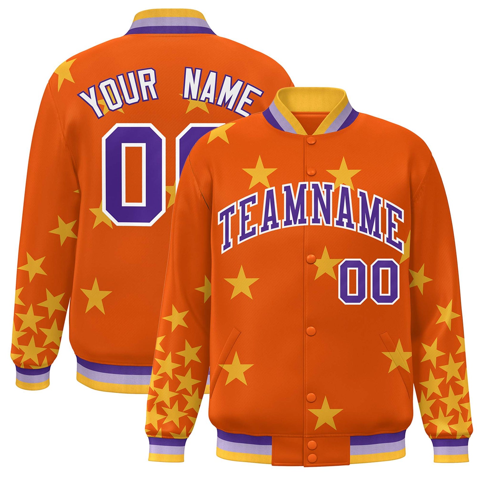 Custom Orange Purple-White Star Graffiti Pattern Varsity Full-Snap Bomber Jacket