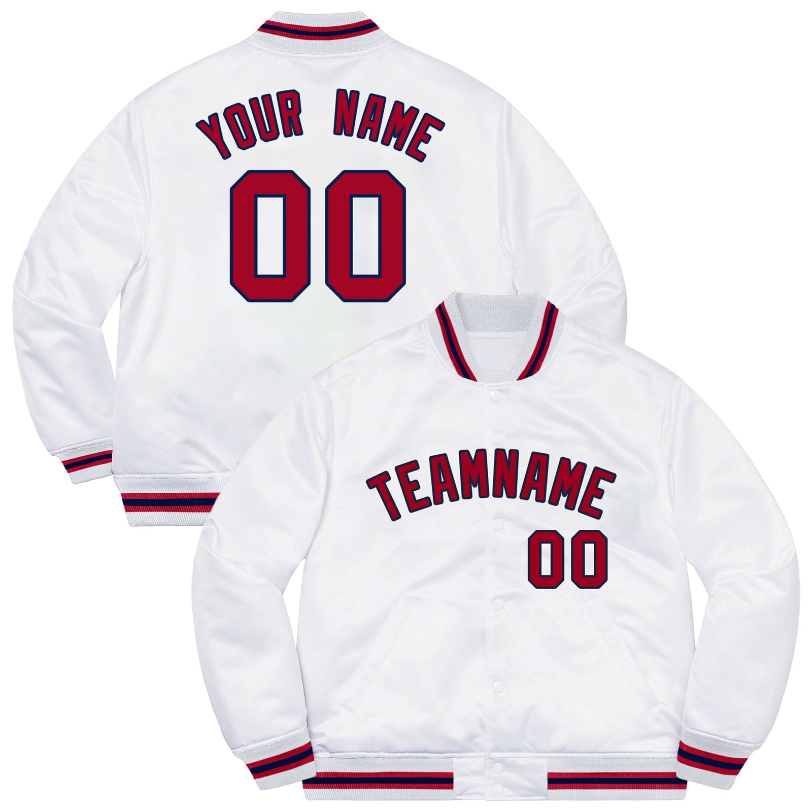 Custom White Red-Navy Letterman Solider Classic Style Varsity Full-Snap Jacket