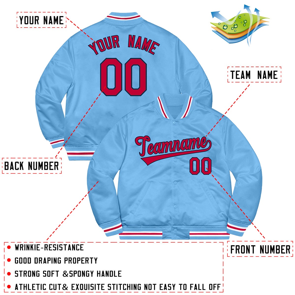Custom Light Blue Red-White Letterman Solider Classic Style Varsity Full-Snap Jacket