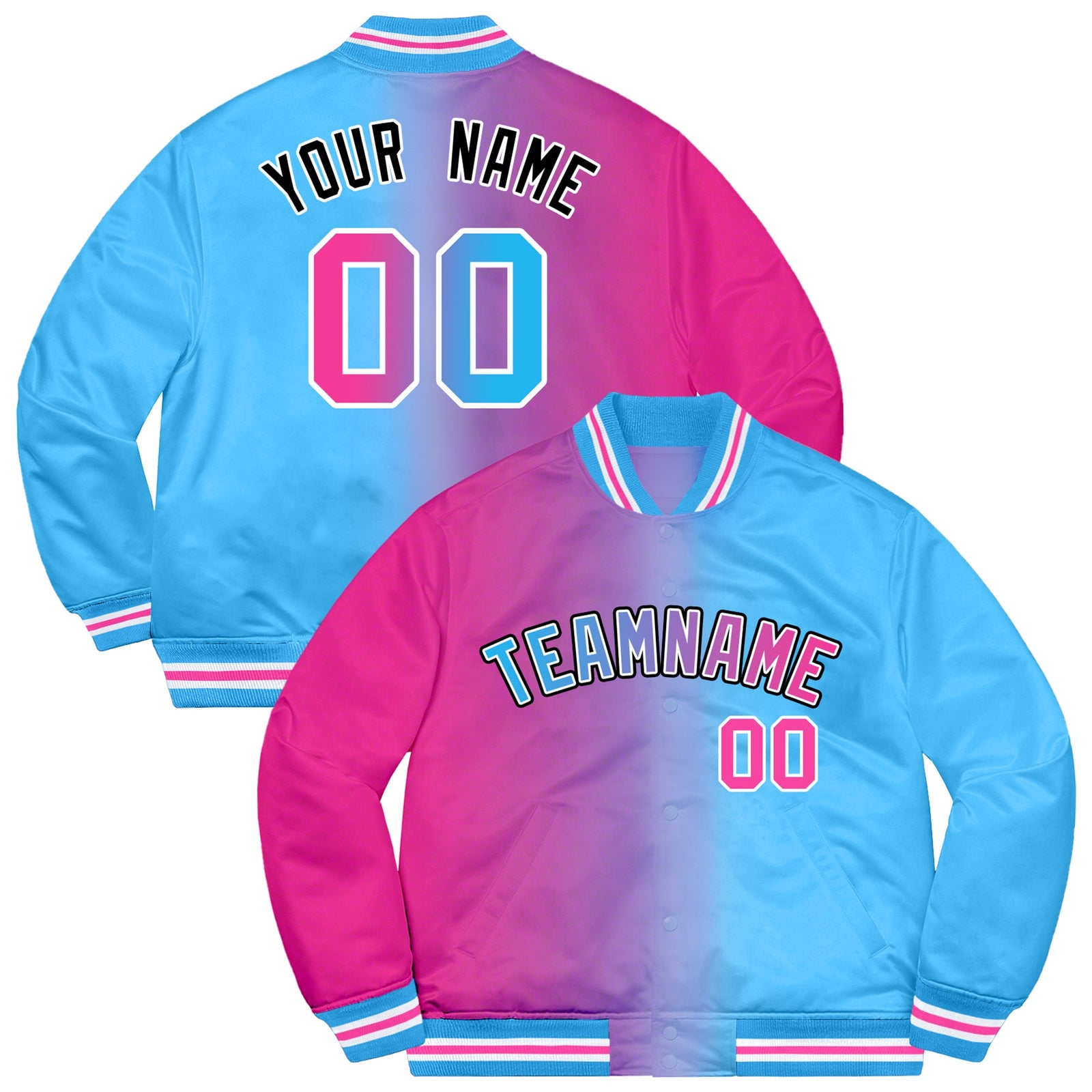 Custom Powder Blue Pink-Black Two Tone Gradient Fashion Full-Snap Letterman Jacket