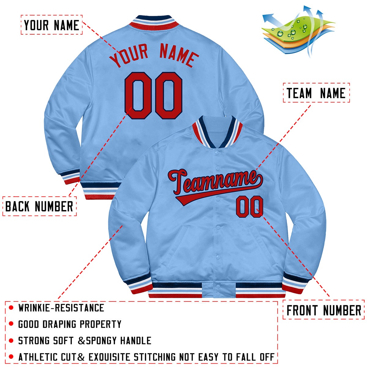 Custom Light Blue Red-Navy Letterman Solider Classic Style Varsity Full-Snap Jacket