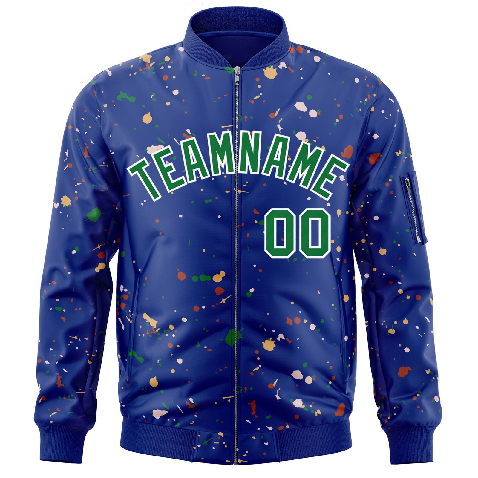 Custom Royal Kelly Green-White Varsity Full-Zip Splash Graffiti Pattern Letterman Jacket