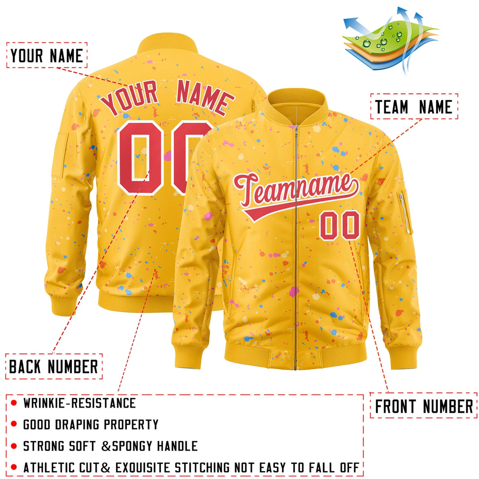 Custom Gold Red-White Varsity Full-Zip Splash Graffiti Pattern Letterman Jacket