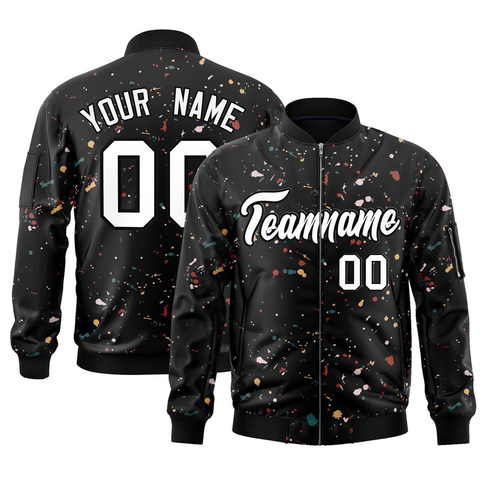 Custom Black White Varsity Full-Zip Splash Graffiti Pattern Letterman Jacket
