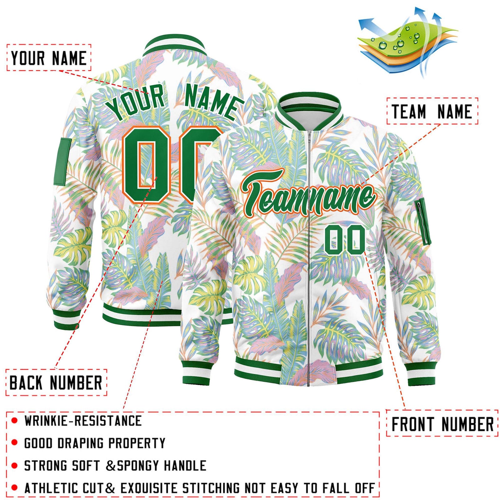 Custom Kelly Green Varsity Full-Zip Hawaii Letterman Bomber Jacket