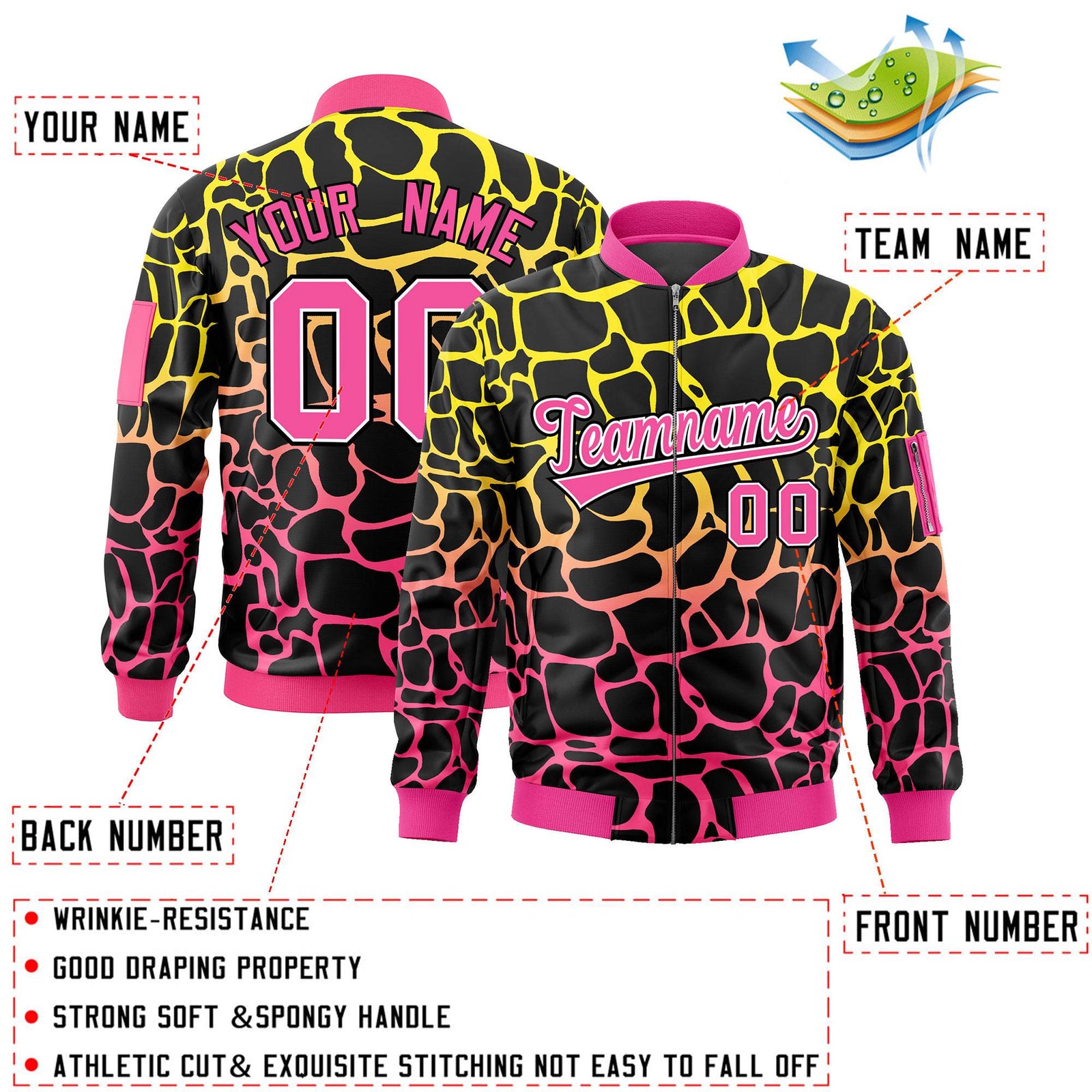 Custom Black Gold-Pink Varsity Full-Zip Spotted Letterman Bomber Jacket